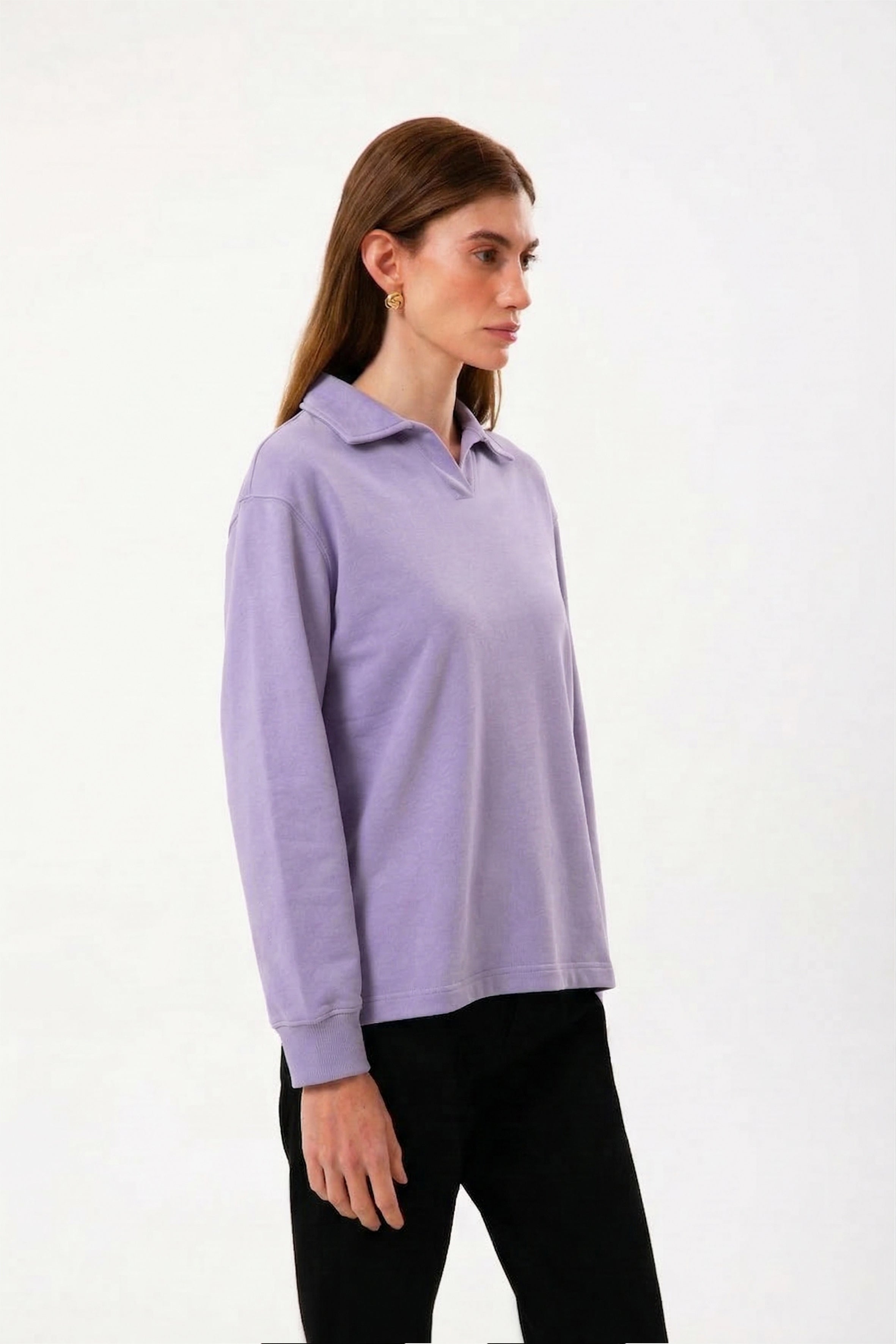 Polo Yaka %100 Organik Pamuk Lila Kadın Uzun Kollu Bluz