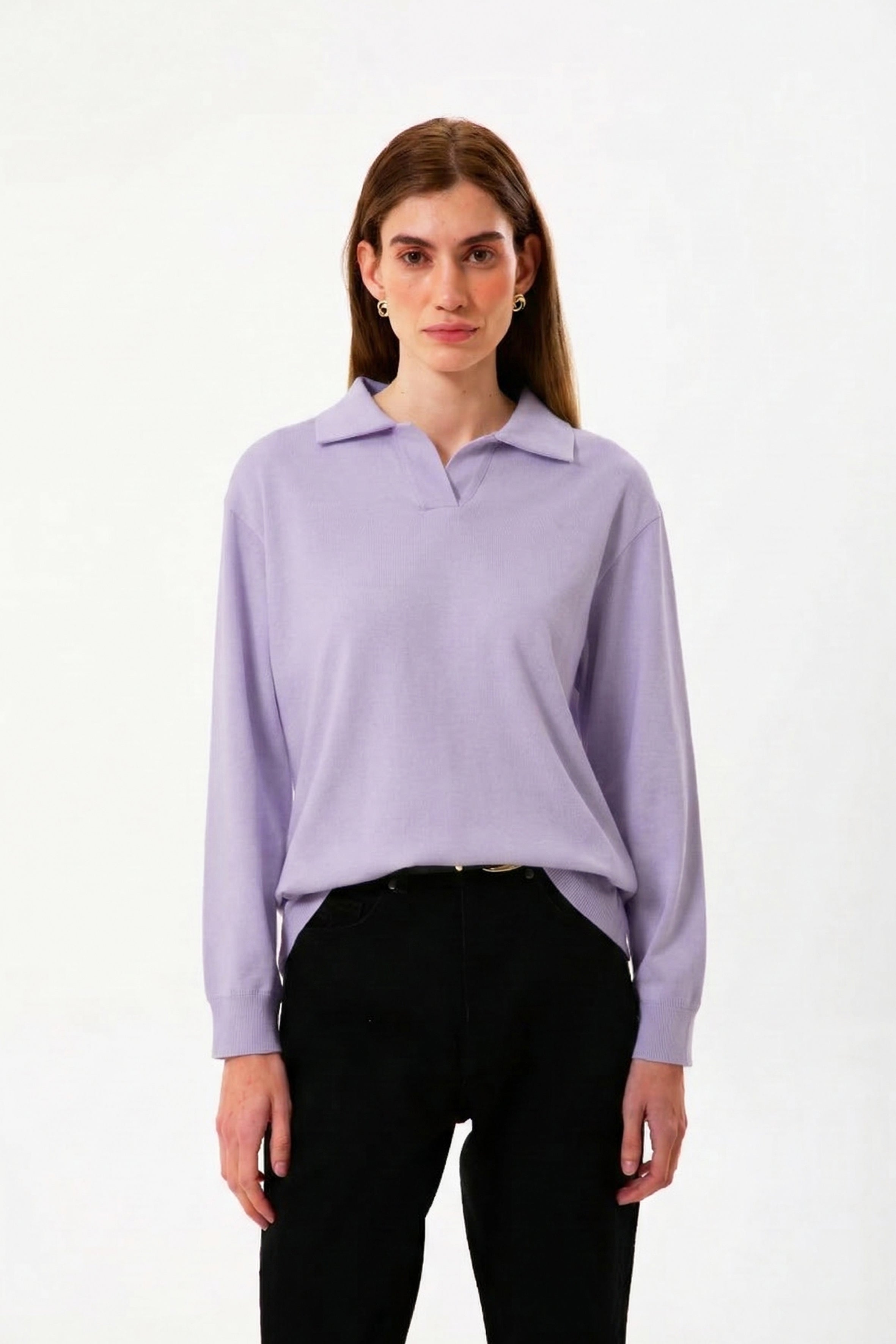 Polo Yaka %100 Organik Pamuk Lila Kadın Uzun Kollu Bluz