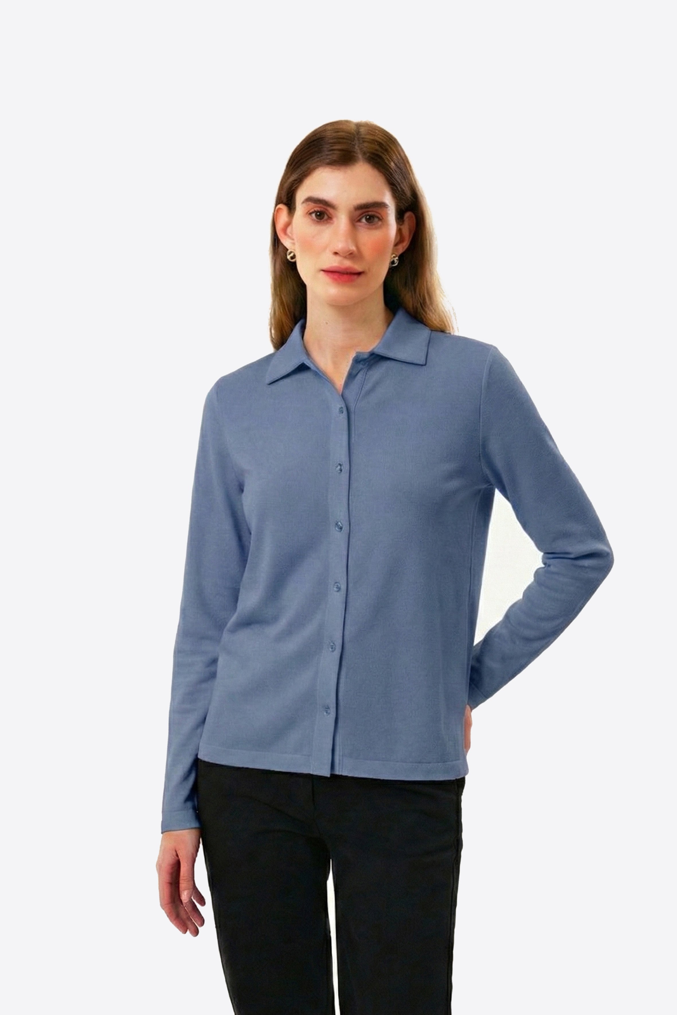 %100 Pamuk Mavi Dar Kesim / Slim Fit Kadın Gömlek