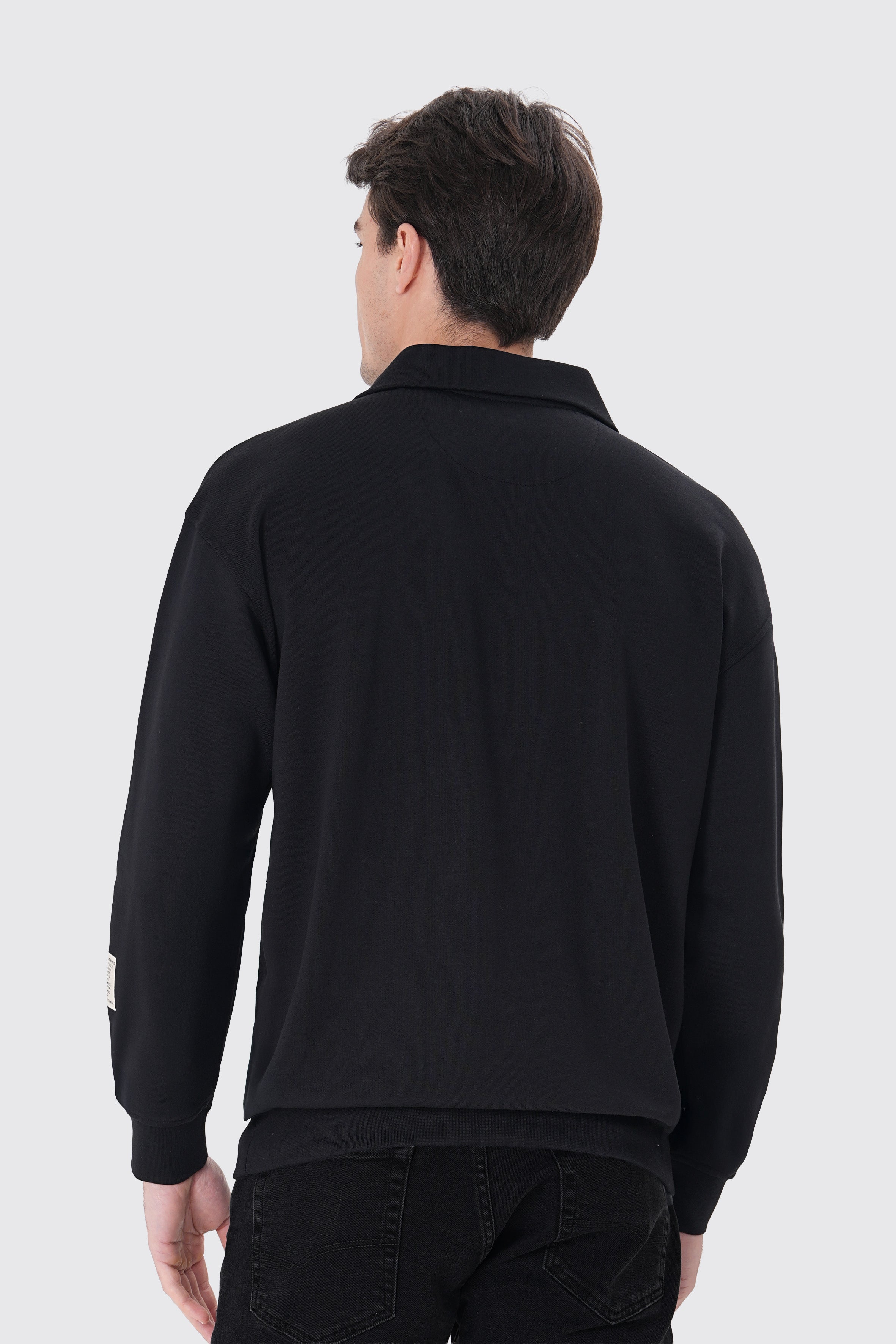 Siyah pamuklu erkek polo yaka sweatshirt #Renk_Siyah