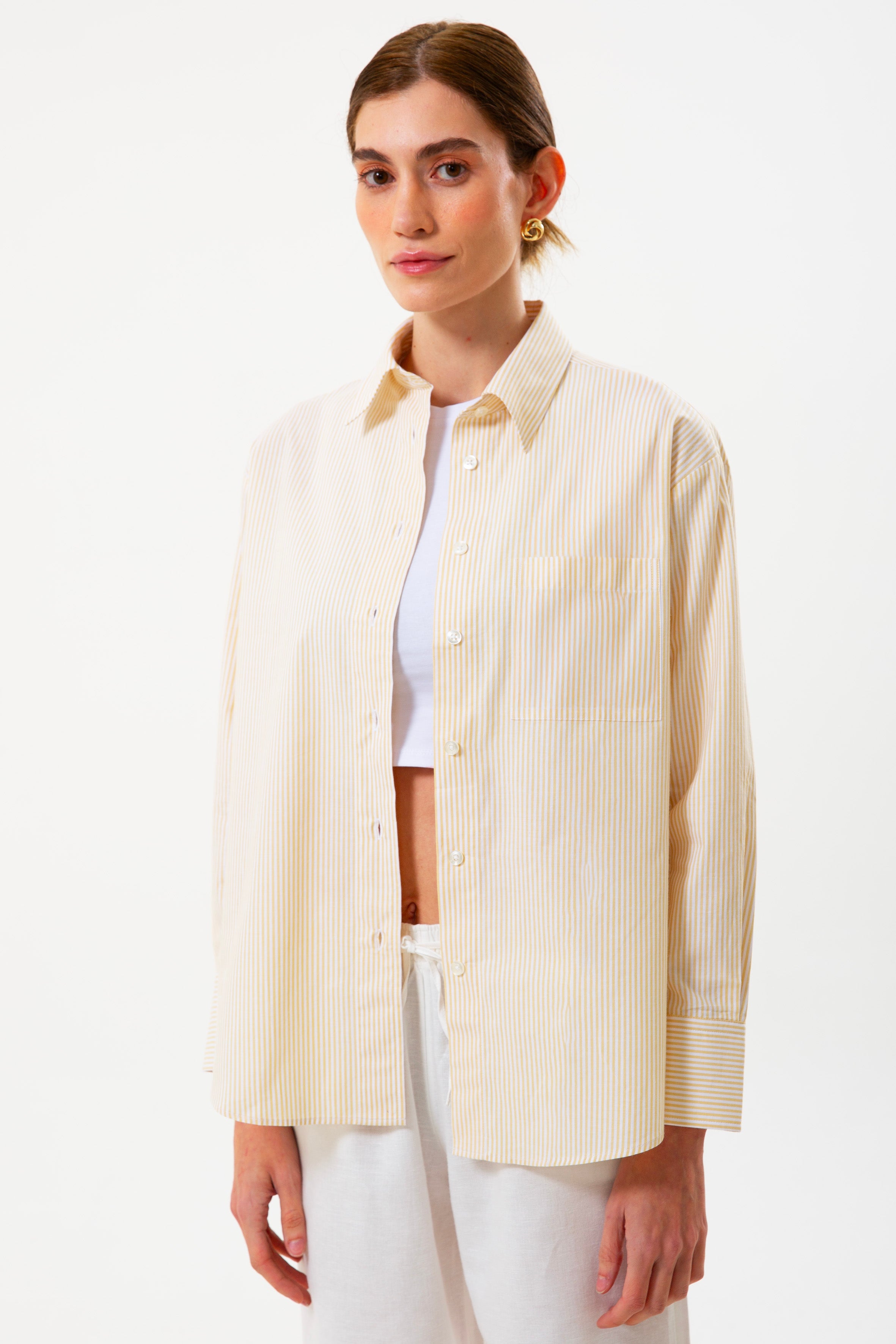 Sarı Çizgili %100 Pamuk Bol Kesim Kadın Gömlek