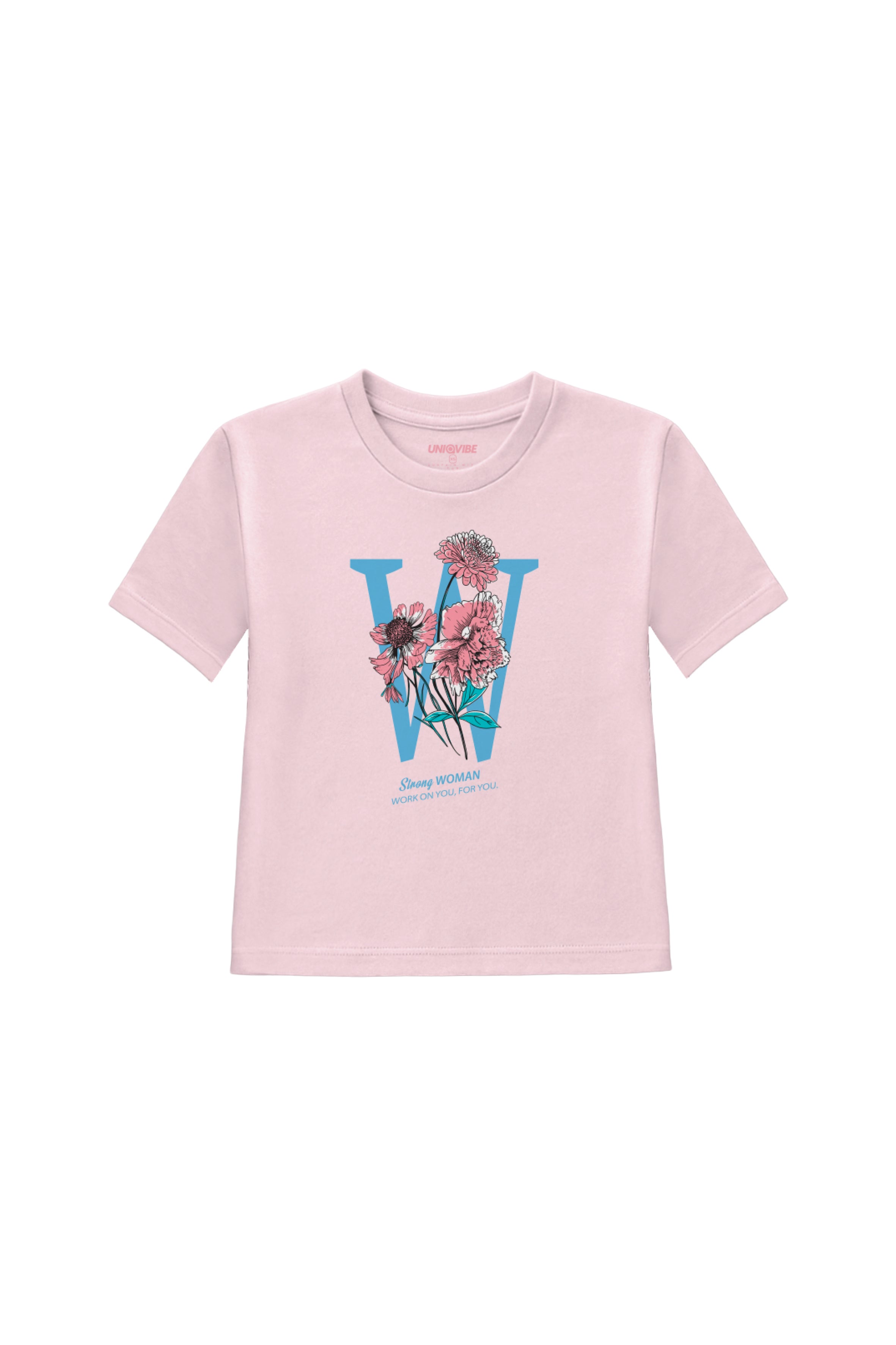 Organik Pamuk Pembe Kadın Baskılı Crop Tişört