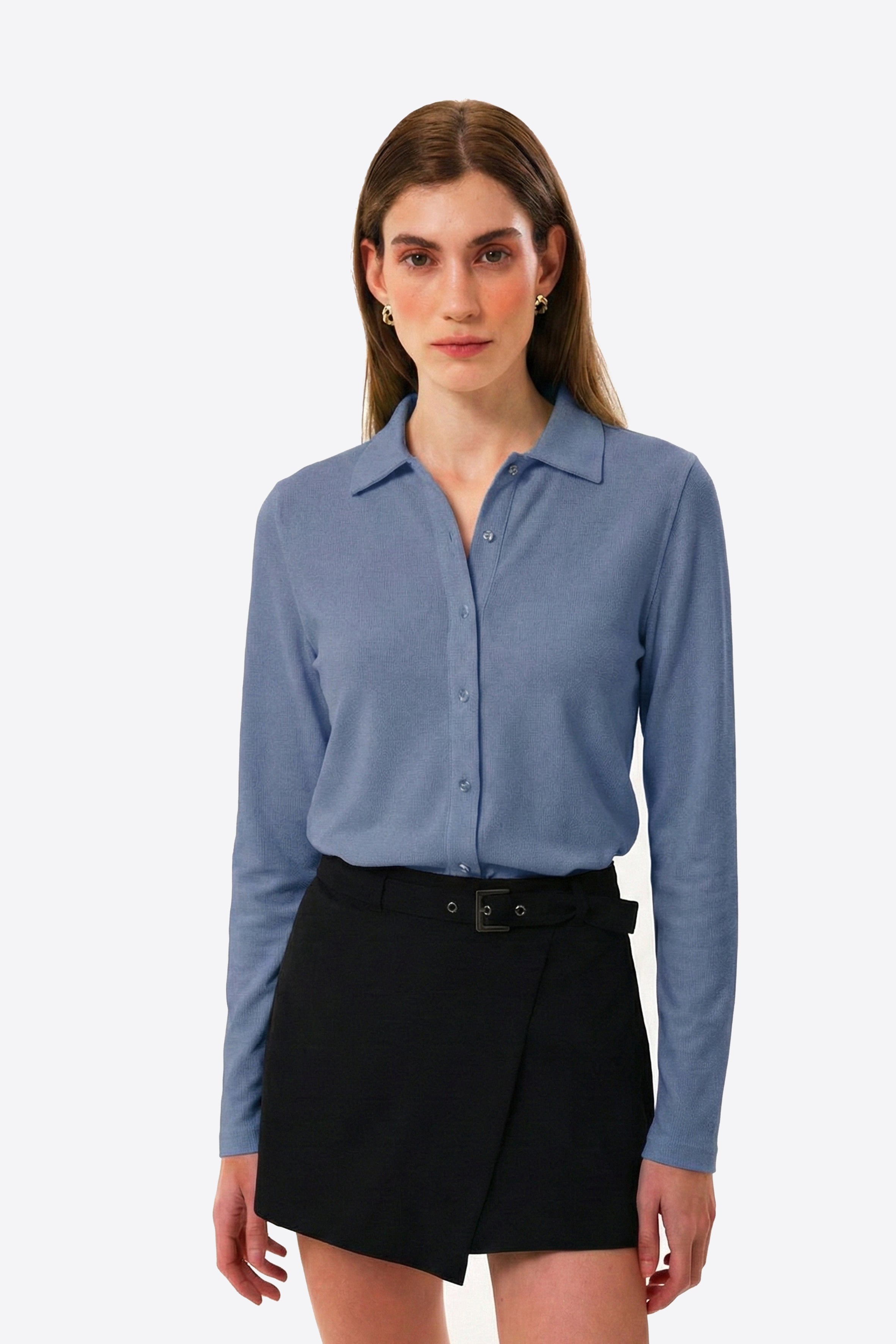 %100 Pamuk Mavi Dar Kesim / Slim Fit Kadın Gömlek