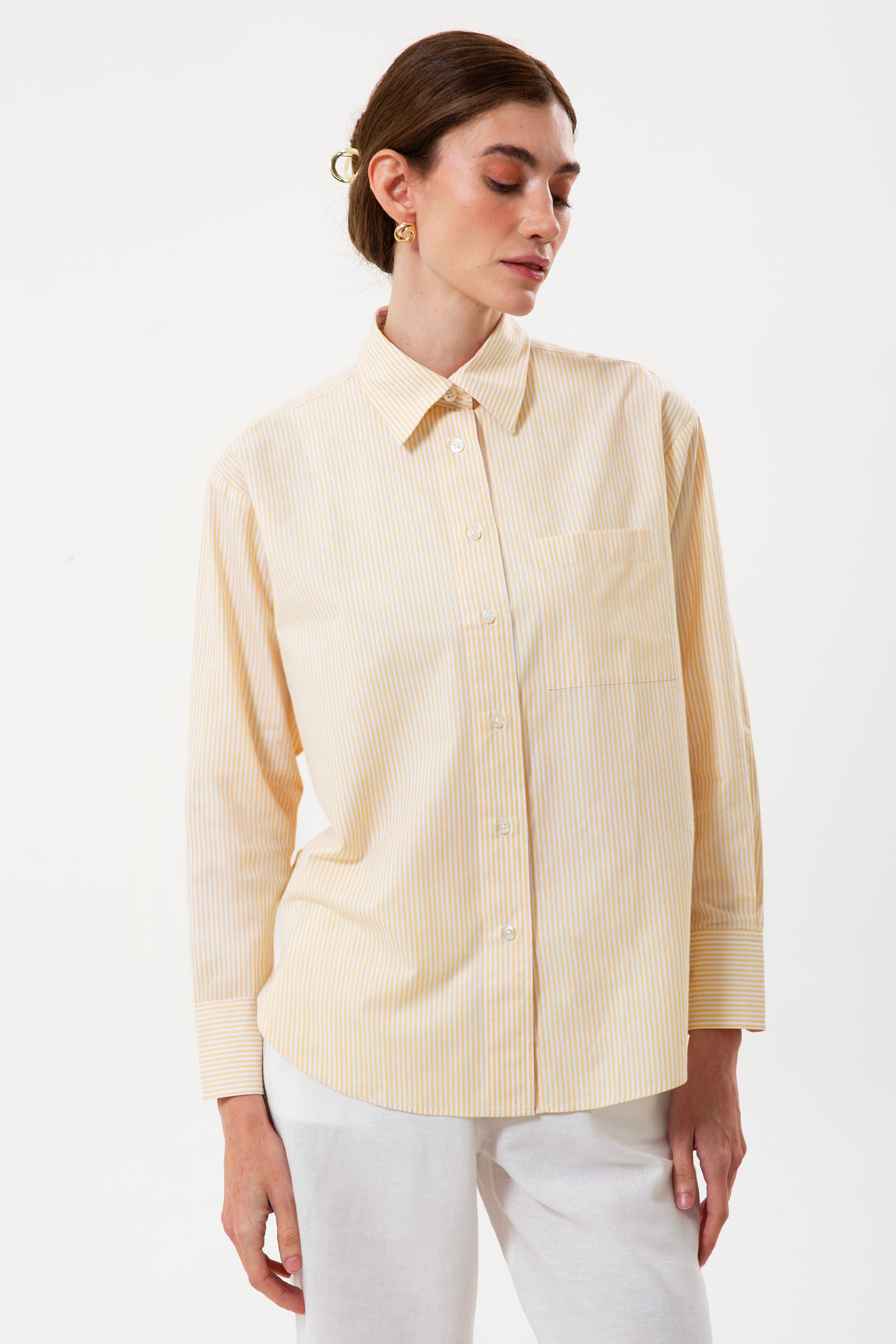 Yellow Striped 100% Cotton Loose Fit Women's Shirt