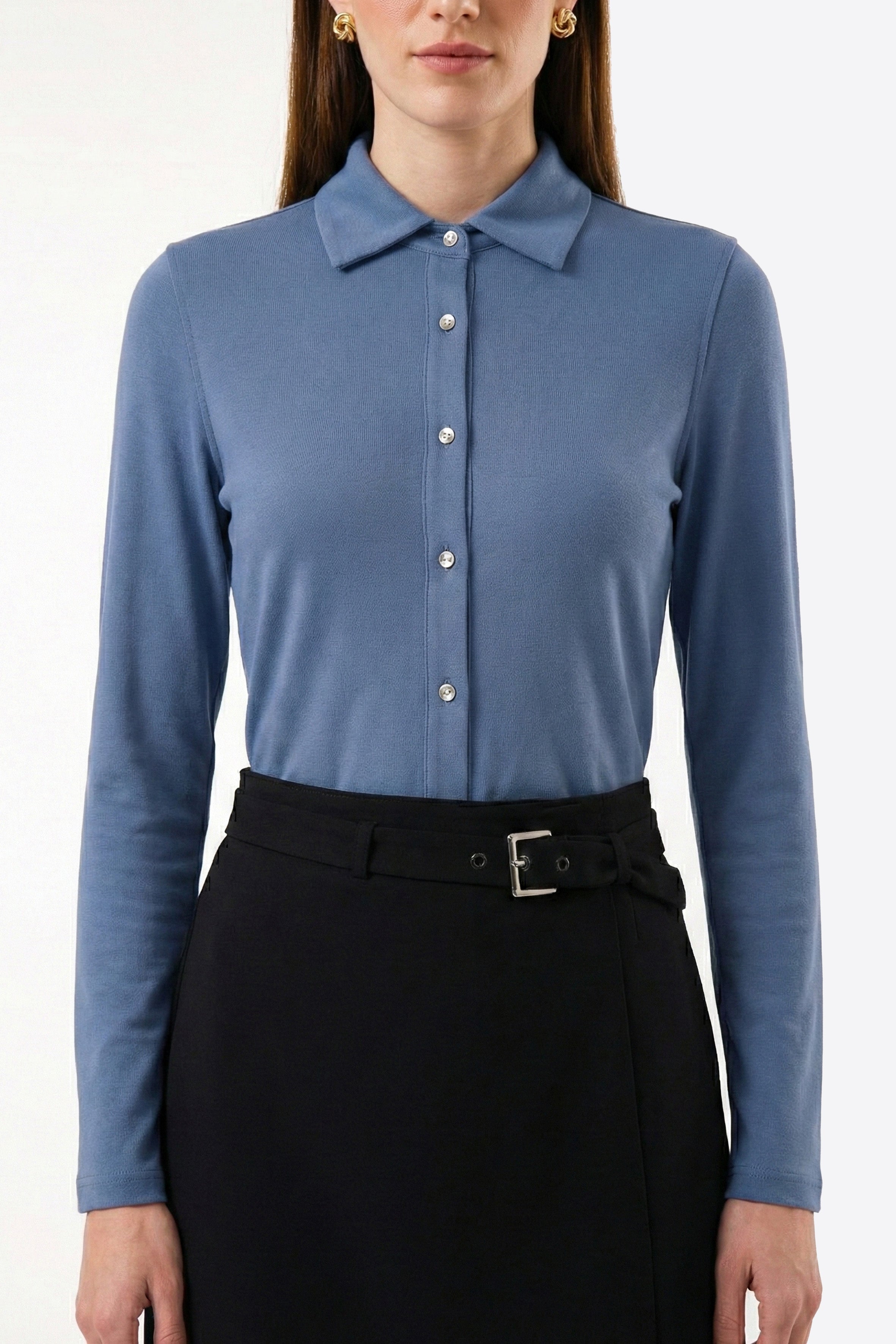 %100 Pamuk Mavi Dar Kesim / Slim Fit Kadın Gömlek