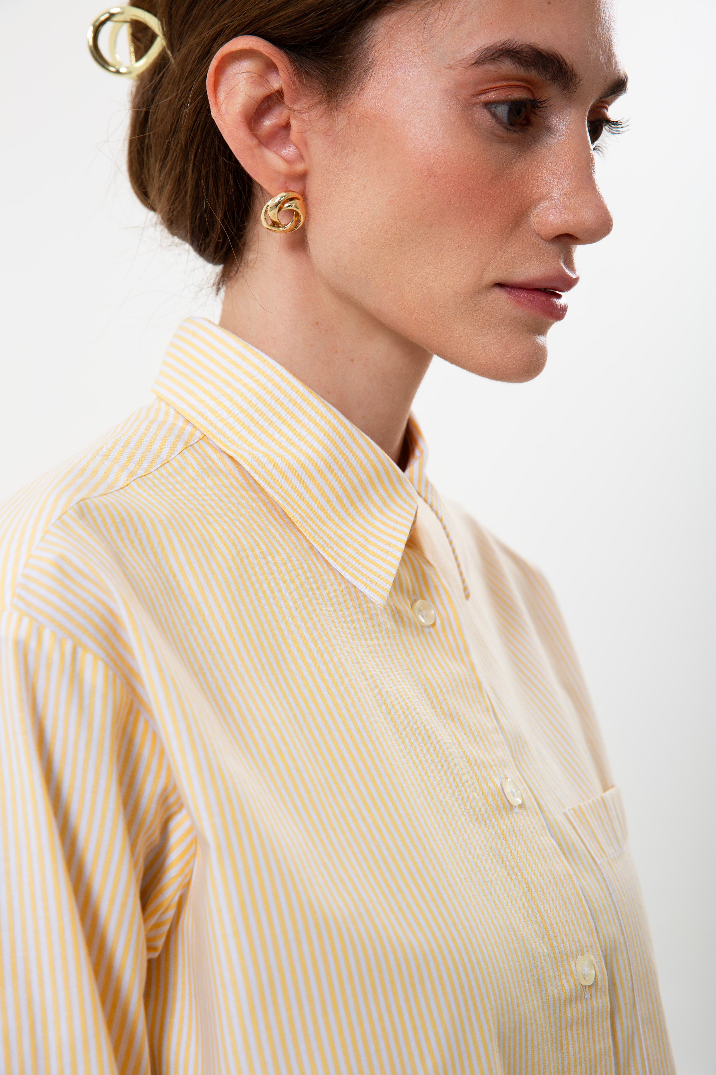 Yellow Striped 100% Cotton Loose Fit Women's Shirt