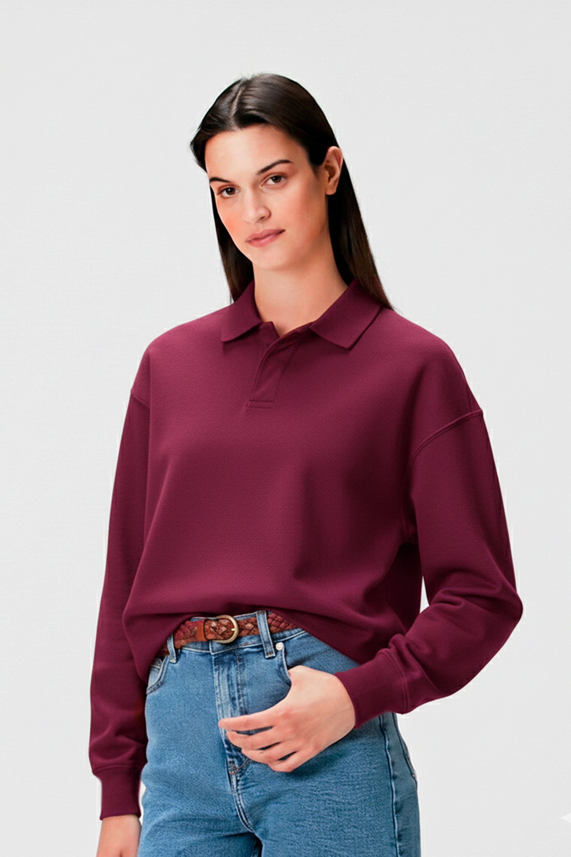 Polo Yaka Organik Pamuklu Bordo Kadın Sweatshirt