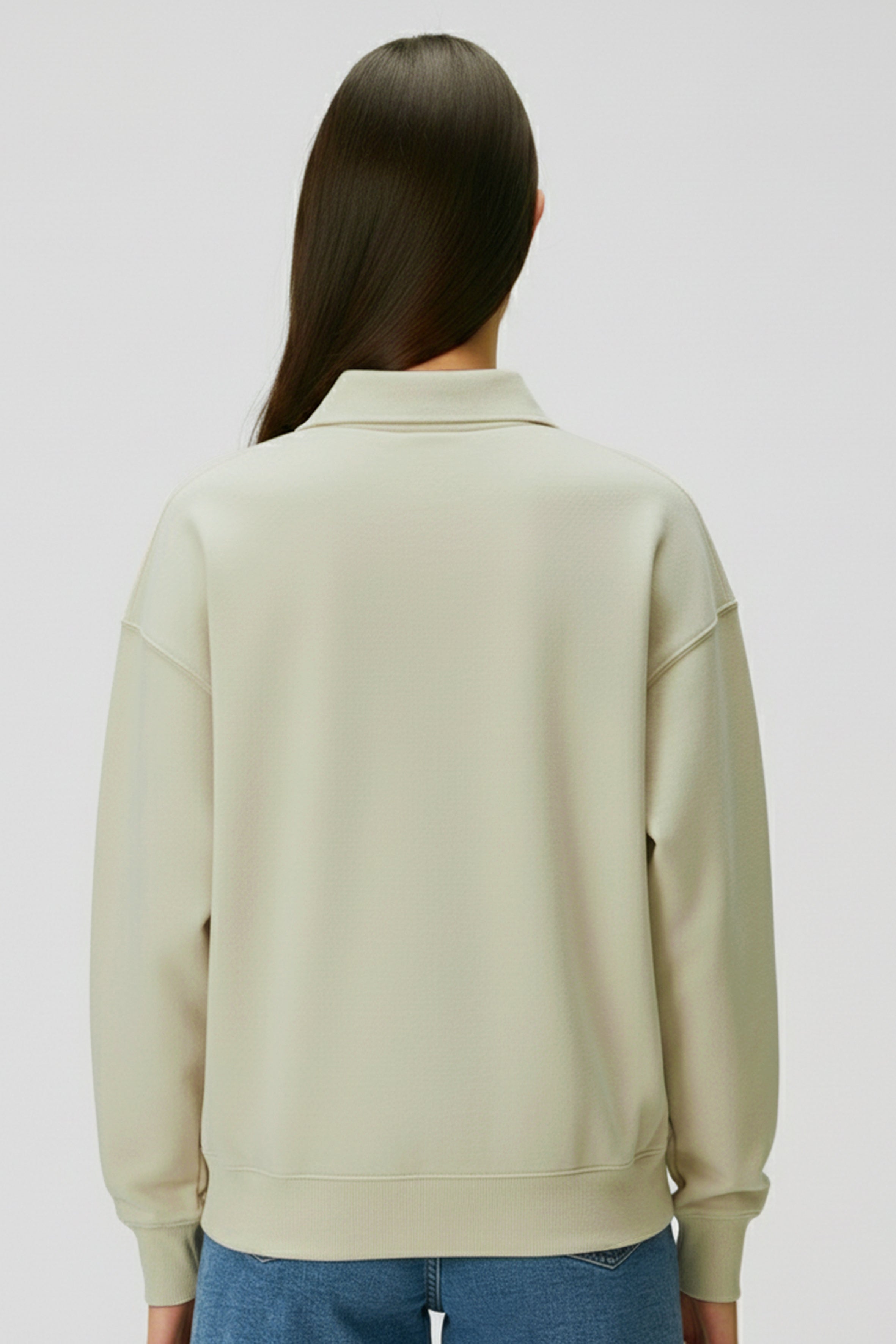 Polo Yaka Organik Pamuklu Kadın Bej Sweatshirt