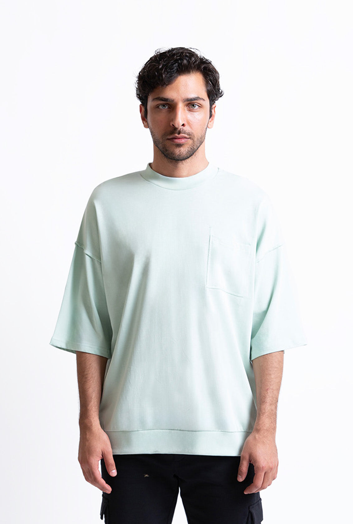 Su Yeşili cepli oversize pamuklu erkek tişört #Renk_Su Yeşili