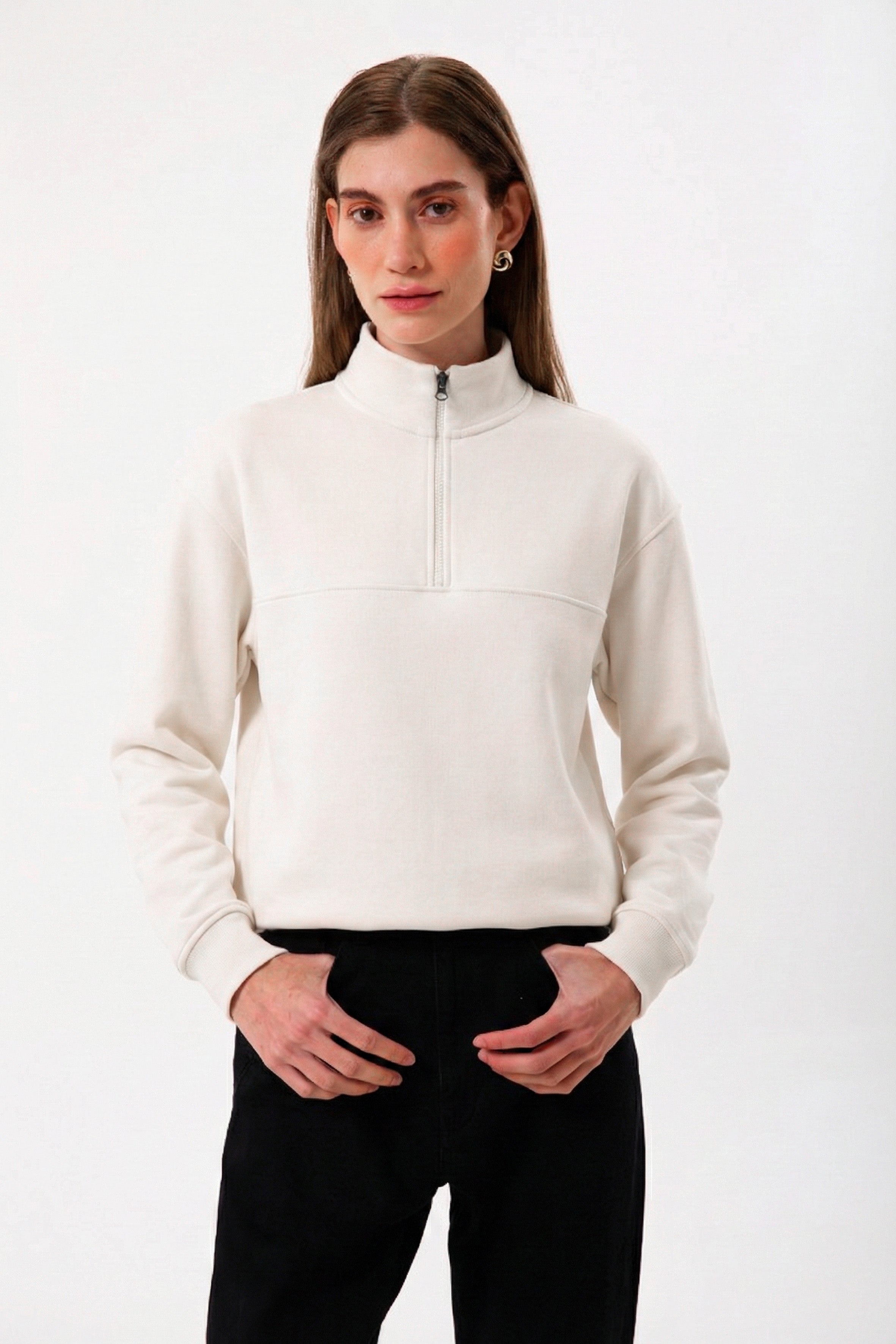 Yarım Fermuarlı Organik Pamuklu Taş Rengi Kadın Sweatshirt