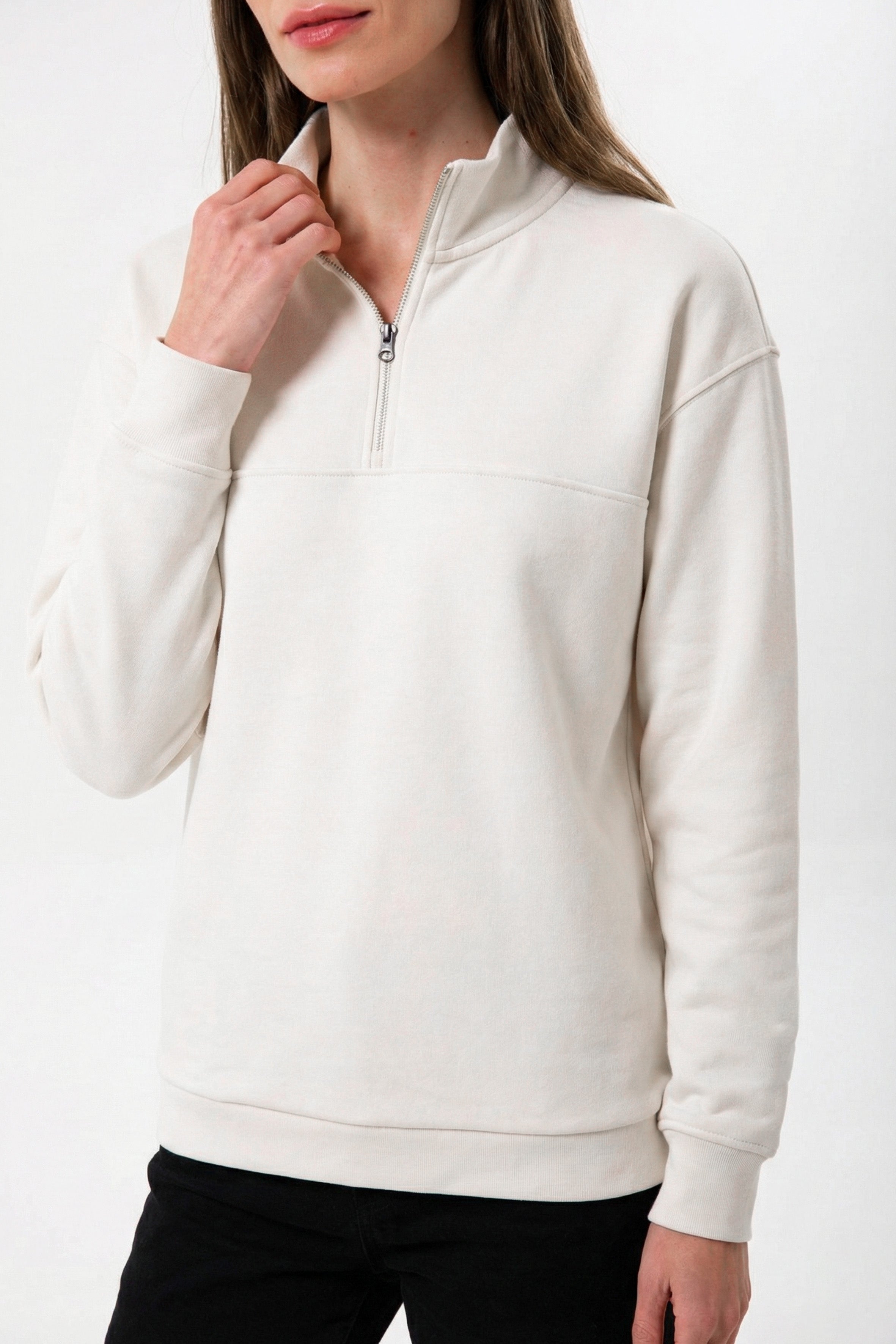 Yarım Fermuarlı Organik Pamuklu Taş Rengi Kadın Sweatshirt