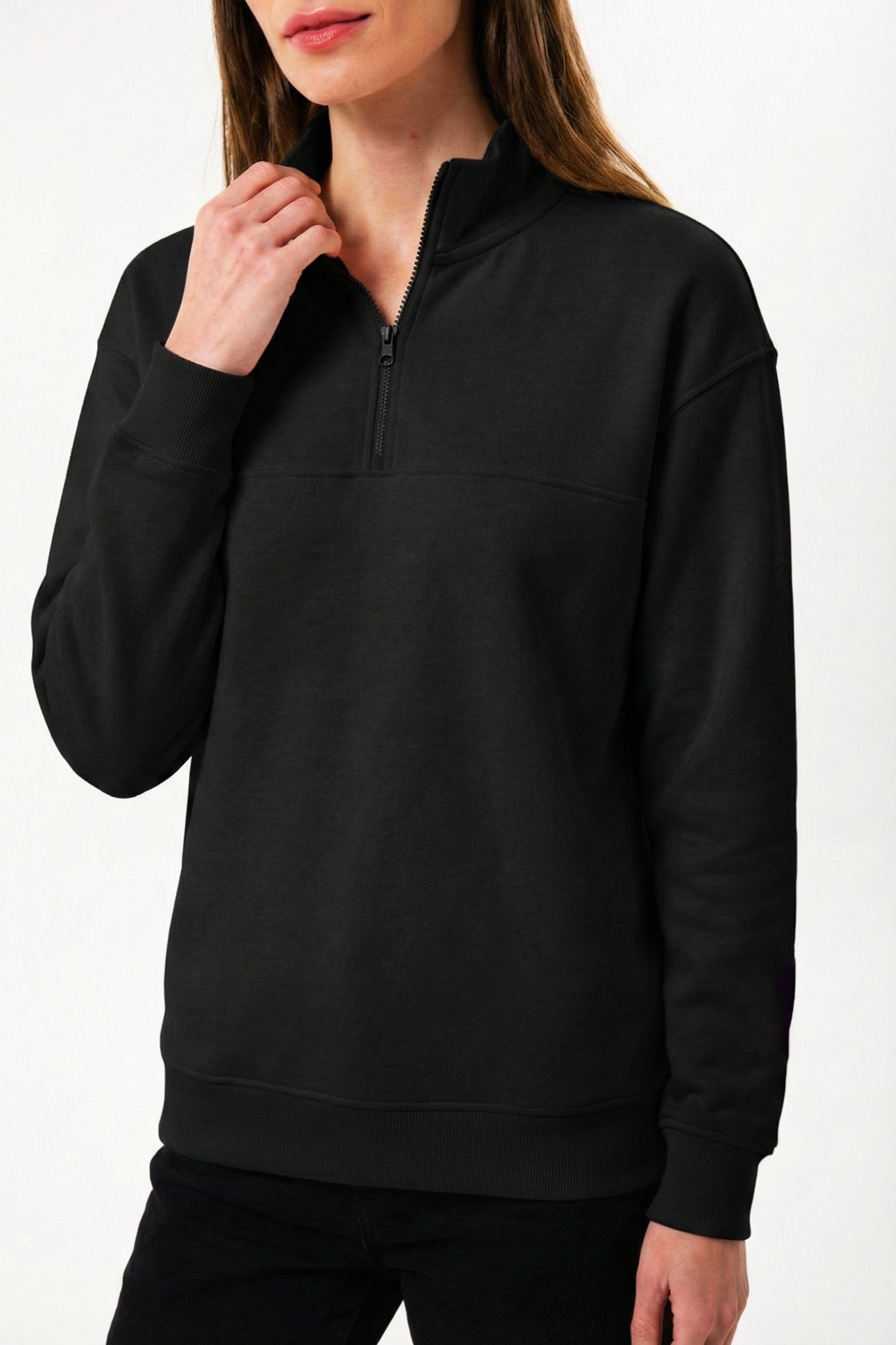 Yarım Fermuarlı Organik Pamuklu Siyah Kadın Sweatshirt