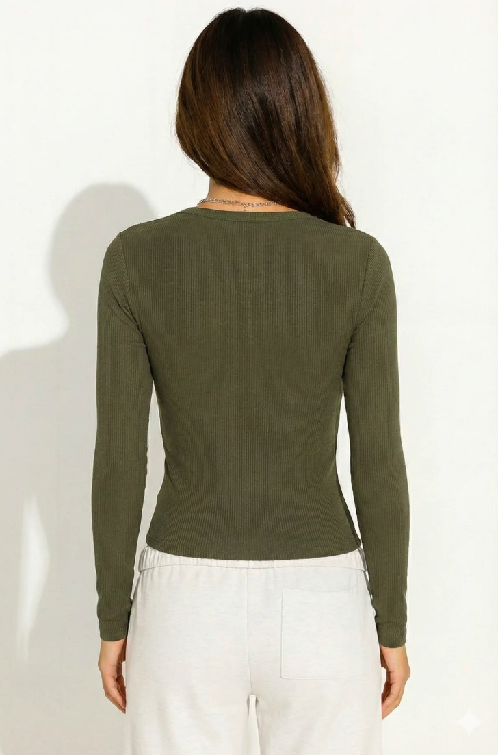 Organik Pamuklu Kadın V Yaka Fitilli 2’li Set – Haki & Bej