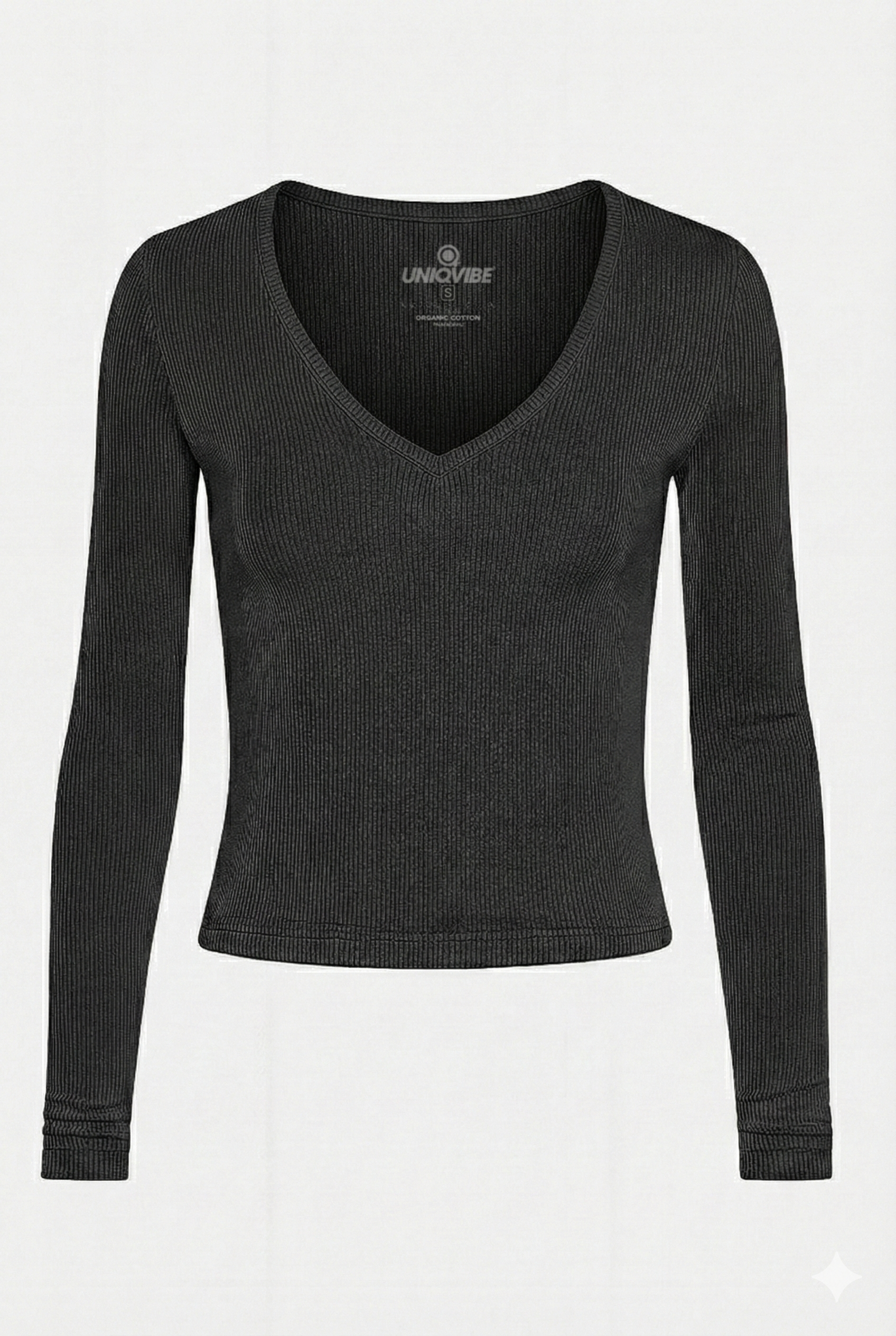 Organik Pamuklu Antrasit Fitilli Kadın Uzun Kollu V Yaka Bluz