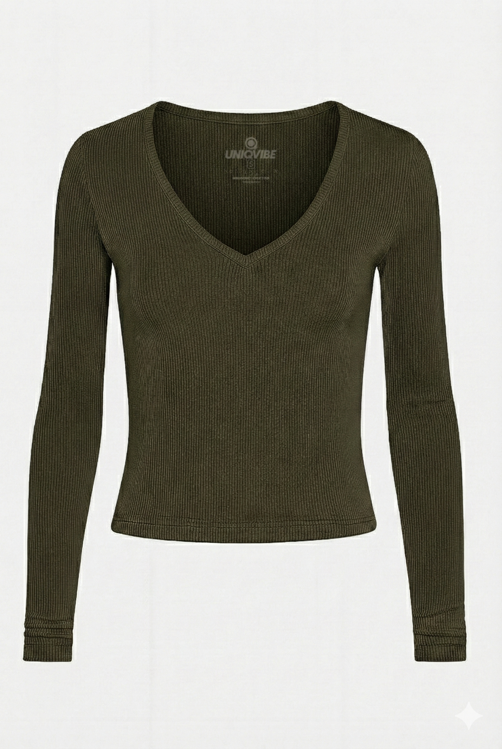 Organik Pamuklu Haki Fitilli Kadın Uzun Kollu V Yaka Bluz