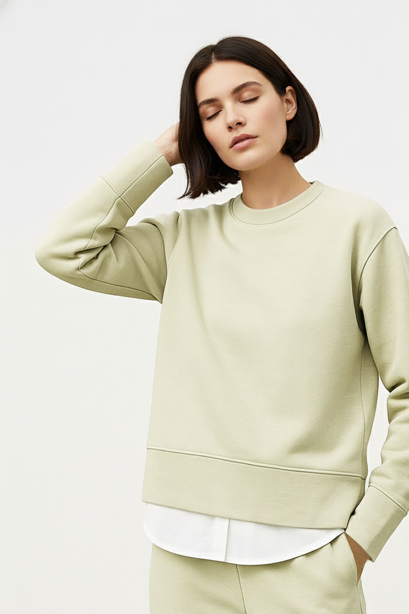 Organik Pamuklu Garnili Kadın Bej Uzun Kollu Sweatshirt