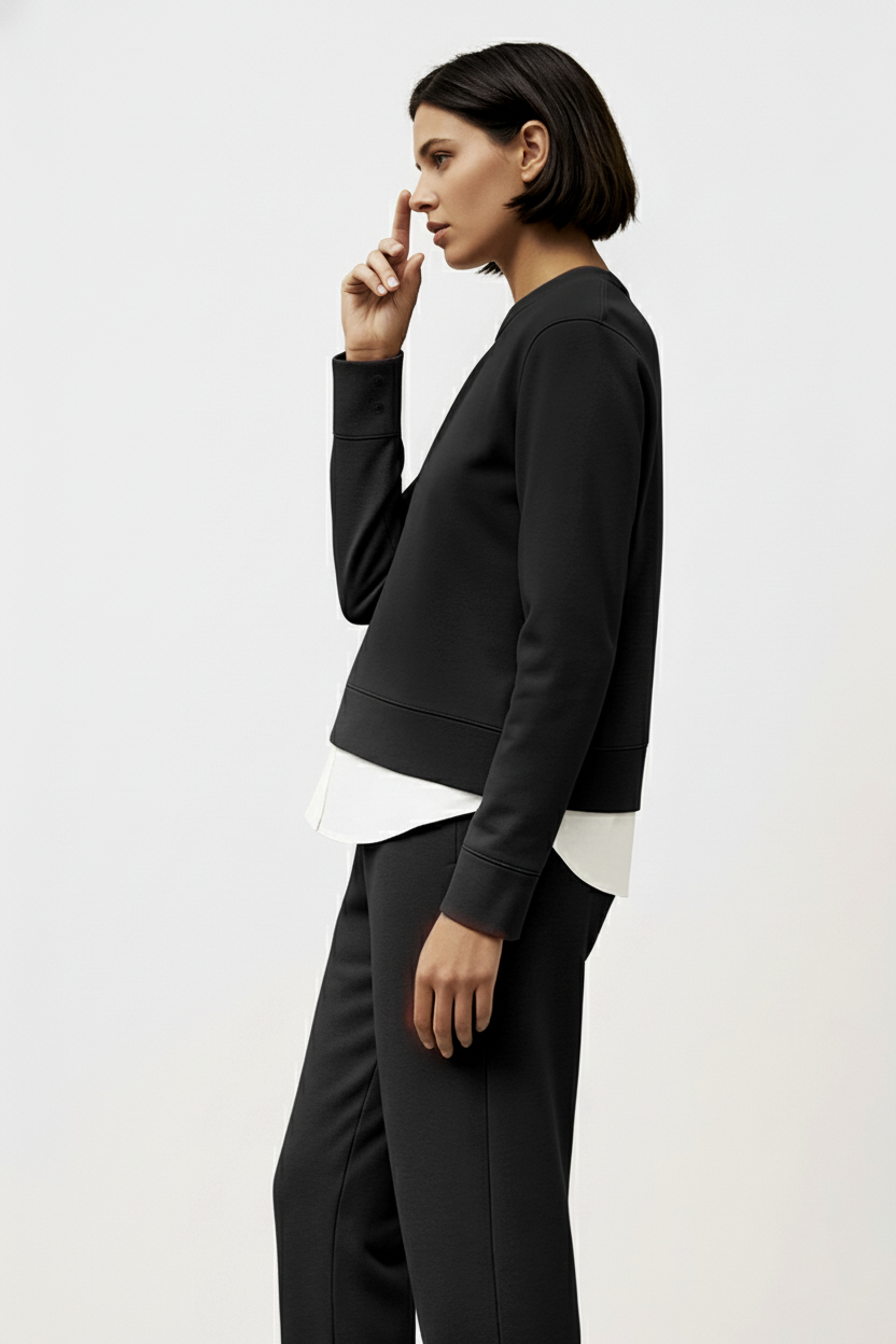 Organik Pamuklu Garnili Kadın Siyah Uzun Kollu Sweatshirt