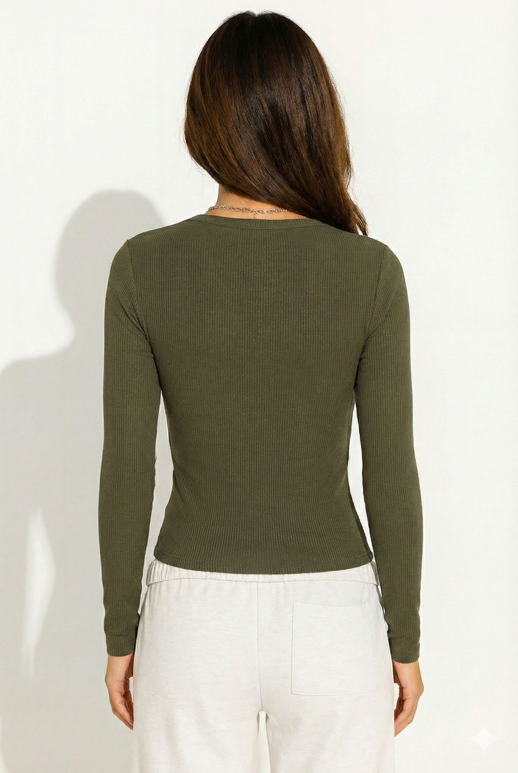 Organik Pamuklu Haki Fitilli Kadın Uzun Kollu V Yaka Bluz