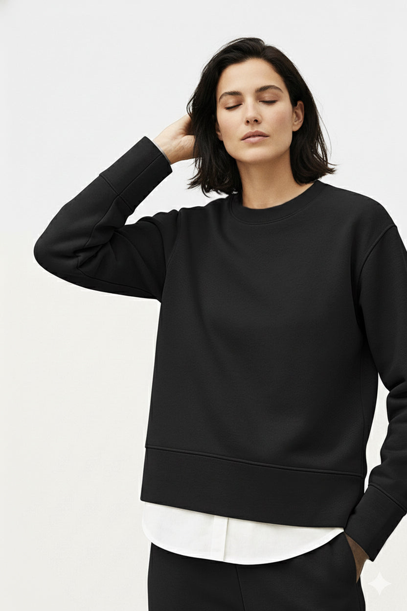 Organik Pamuklu Garnili Kadın Siyah Uzun Kollu Sweatshirt