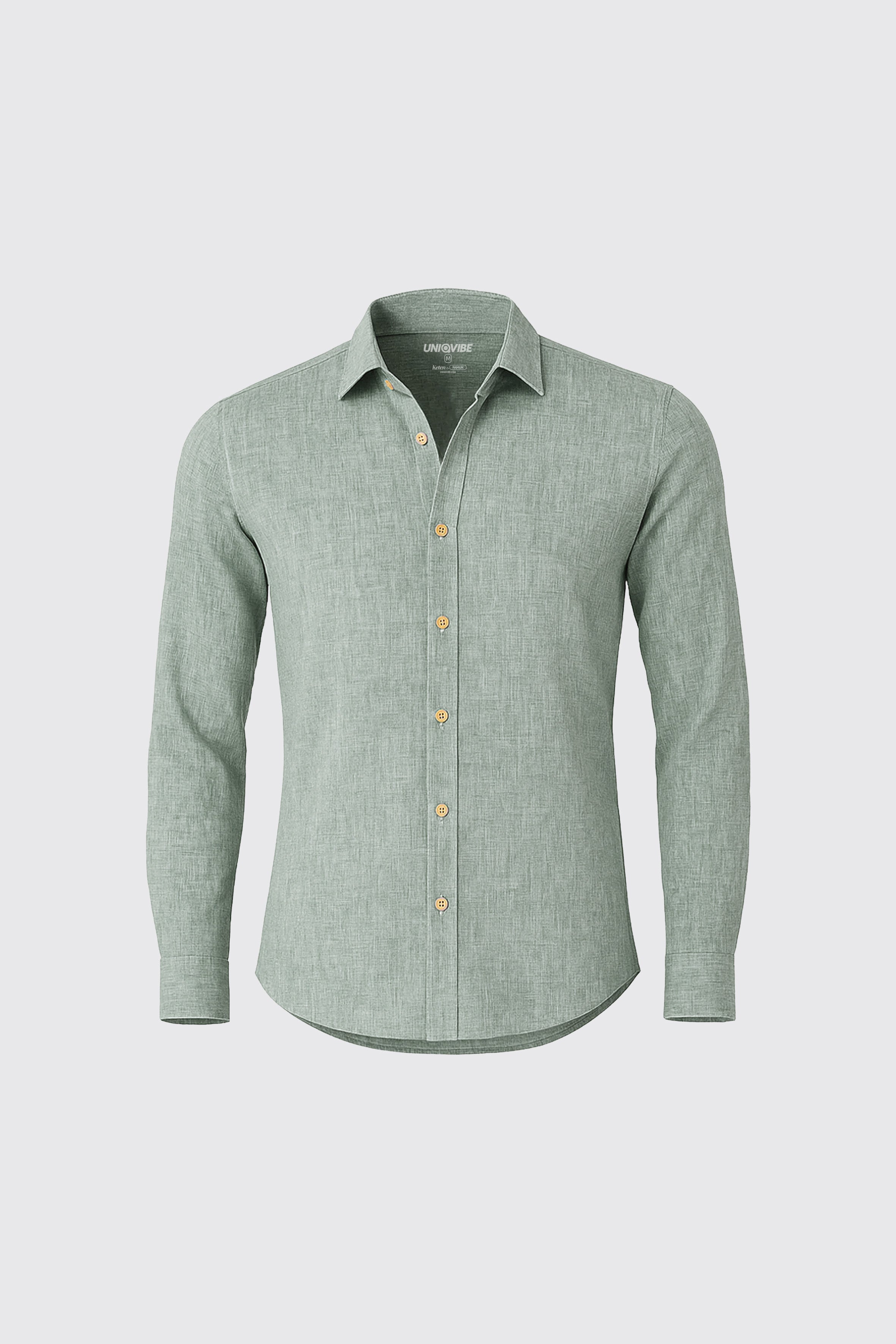 UNIQVIBE Yeşil kadın keten gömlek, uzun kollu, düğmeli yaka detaylı, keten kumaştan üretilmiş şık ve modern bir tasarım. #Renk_Yeşil