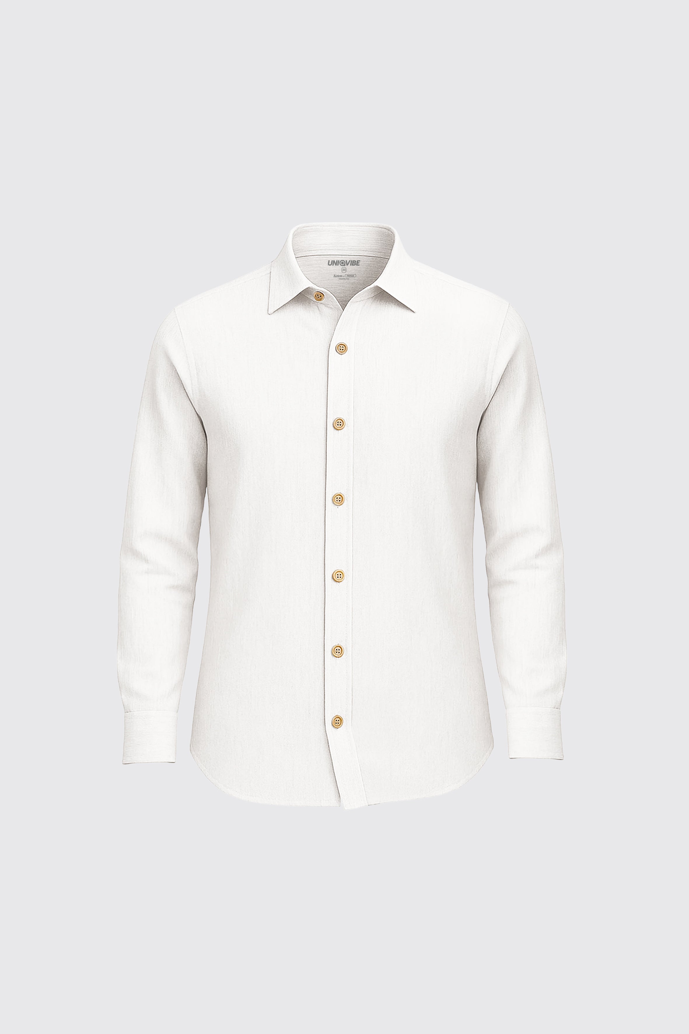 UNIQVIBE Beyaz kadın keten gömlek, uzun kollu, düğmeli yaka detaylı, keten kumaştan üretilmiş şık ve modern bir tasarım. #Renk_Beyaz