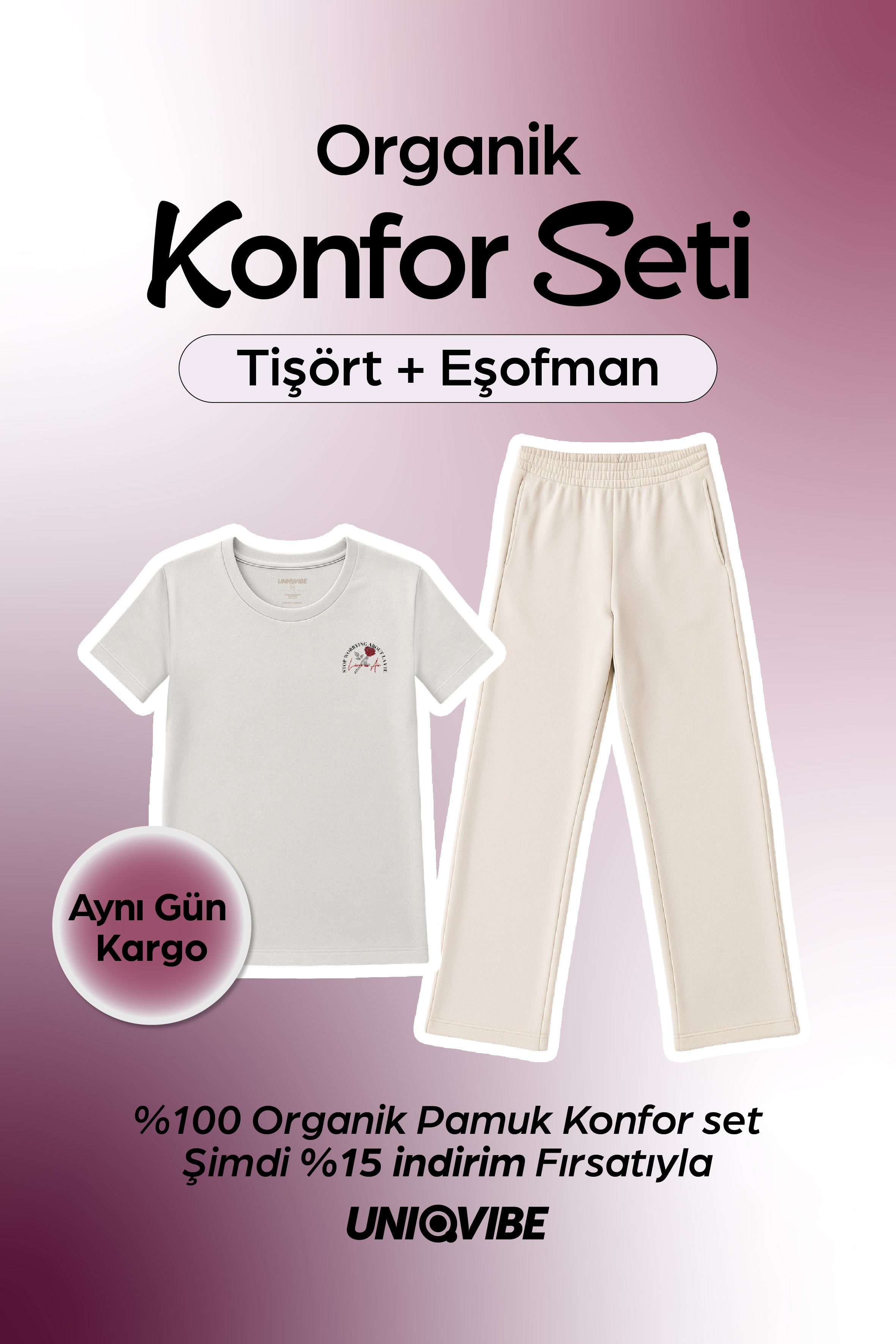 2 Parçalı Beyaz Baskılı Tişört ve Eşofman Set