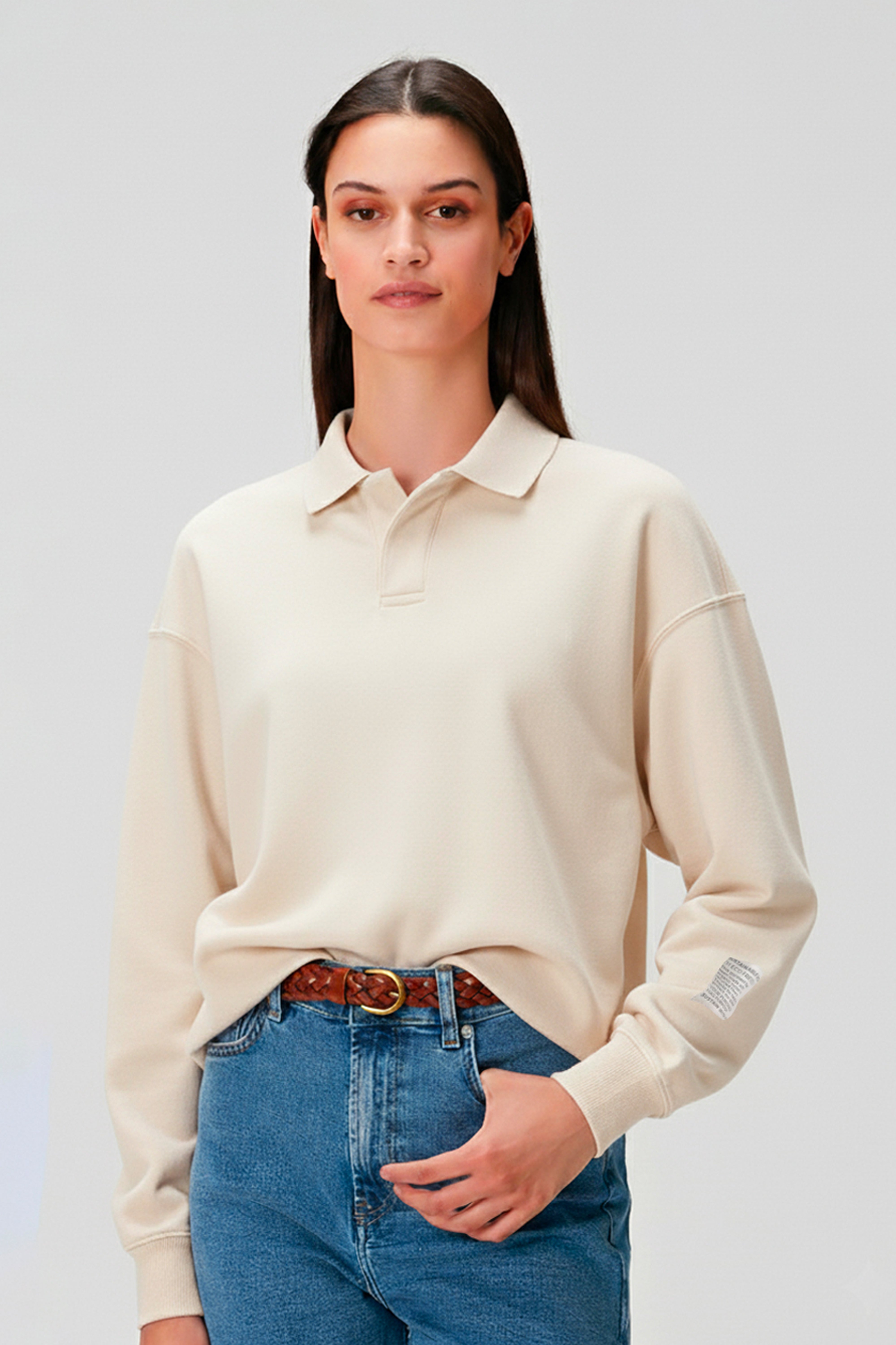 %100 organik pamuk kadın krem renk polo yaka sweatshirt #Renk_Krem