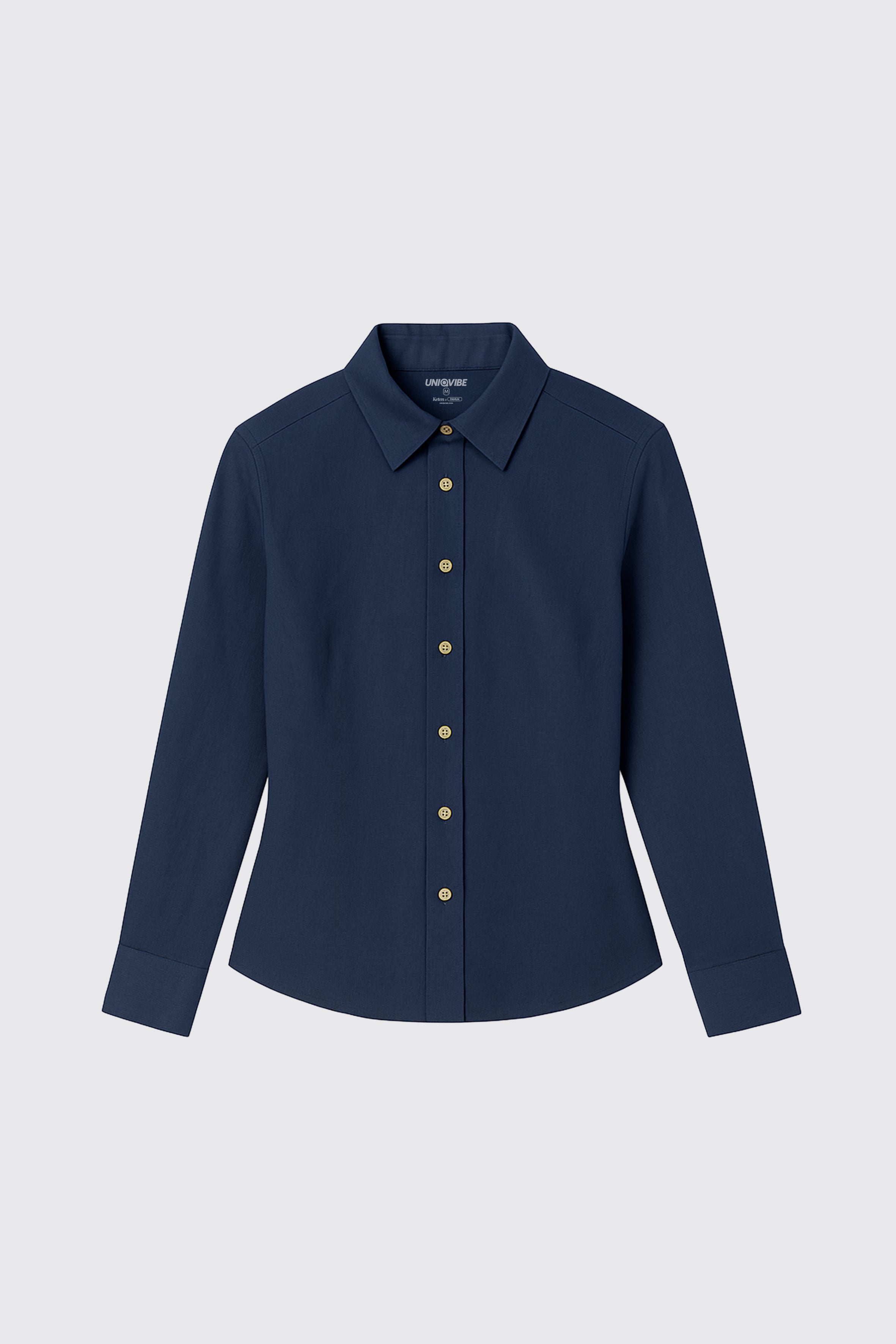 UNIQVIBE lacivert kadın keten gömlek, uzun kollu, düğmeli yaka detaylı, keten kumaştan üretilmiş şık ve modern bir tasarım. #Renk_Lacivert