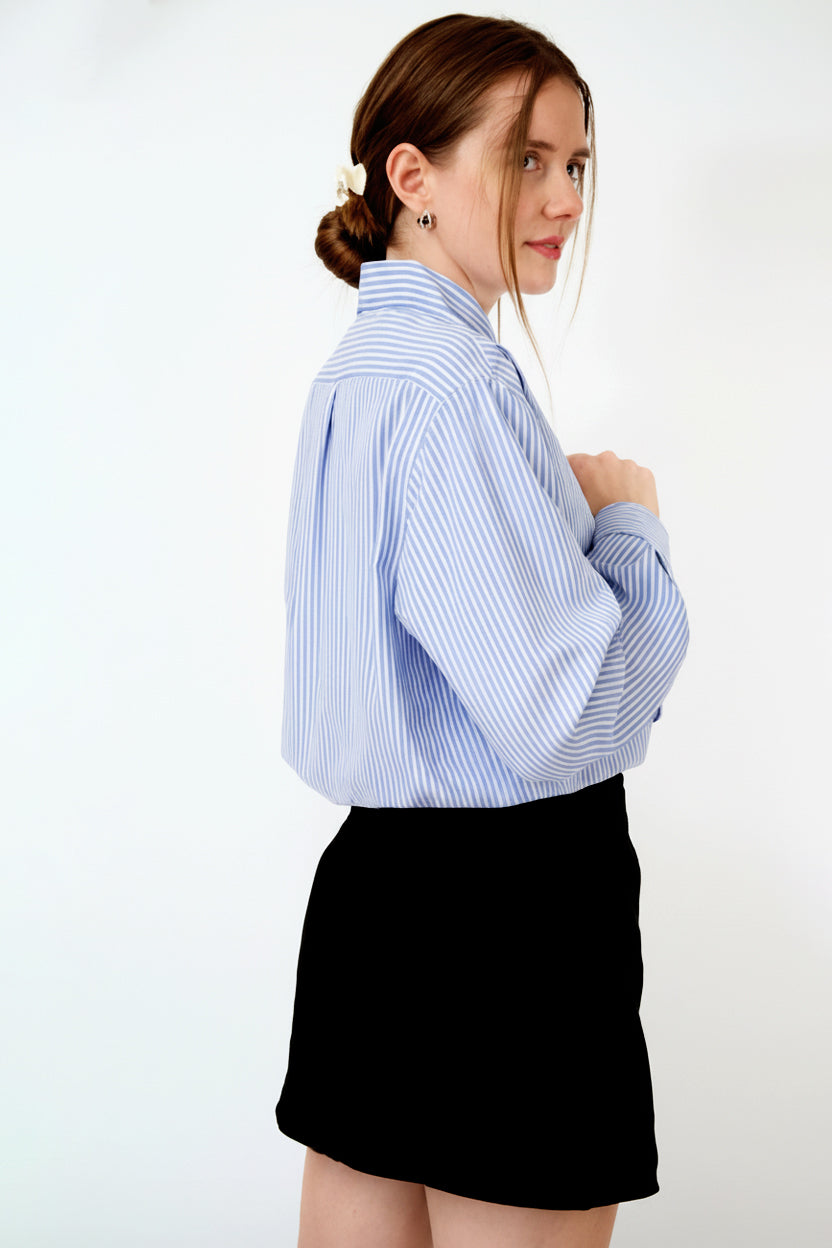 Mavi Çizgili %100 Pamuk Bol Kesim Kadın Gömlek