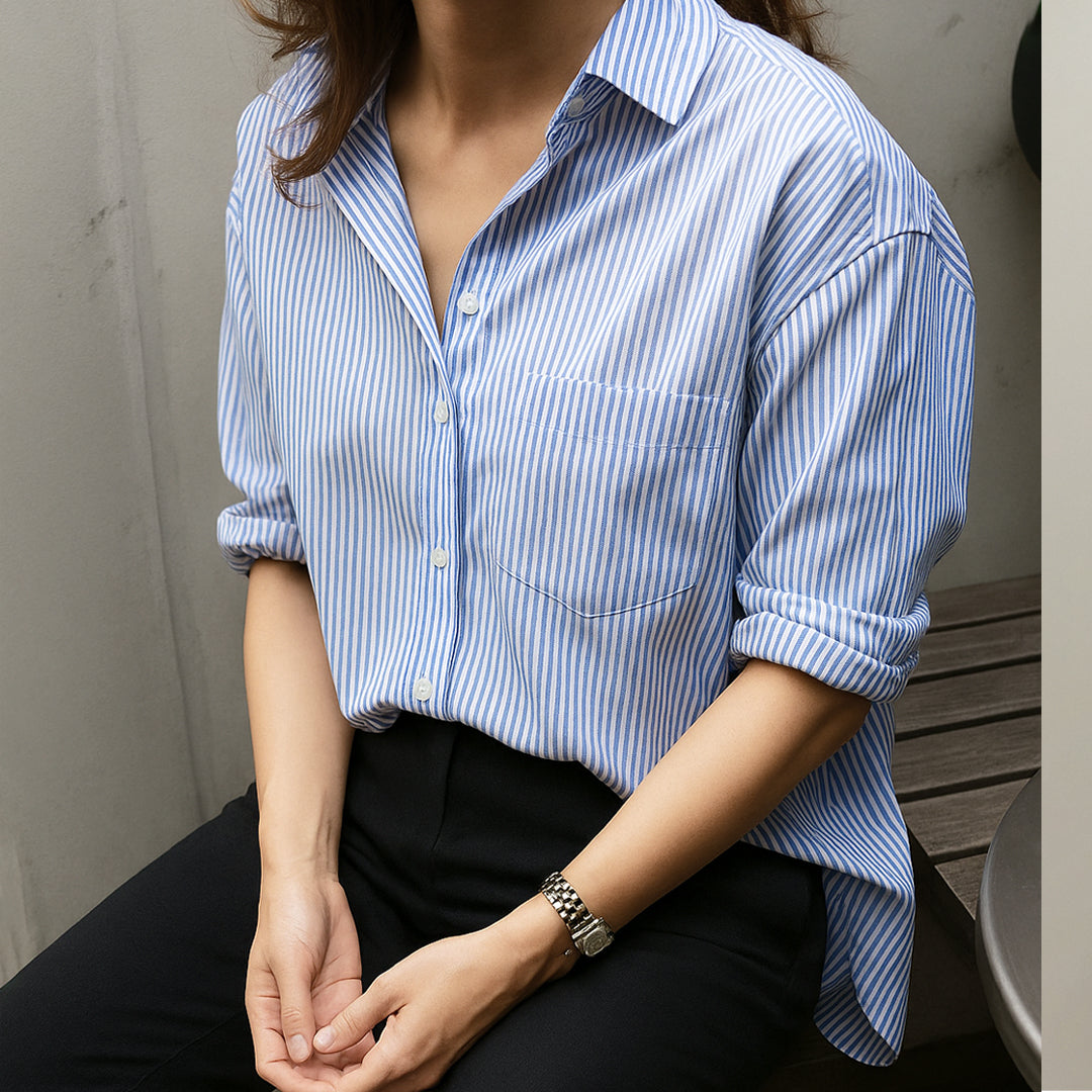 Mavi çizgili %100 pamuk kadın gömlek; uzun kollu, bol kesim ve nefes alan doğal kumaşıyla günlük kullanım için idealdir. Rahat kalıbı ve şık çizgili deseniyle hem ofis stiline hem de özel gün kombinlerine uyum sağlar.