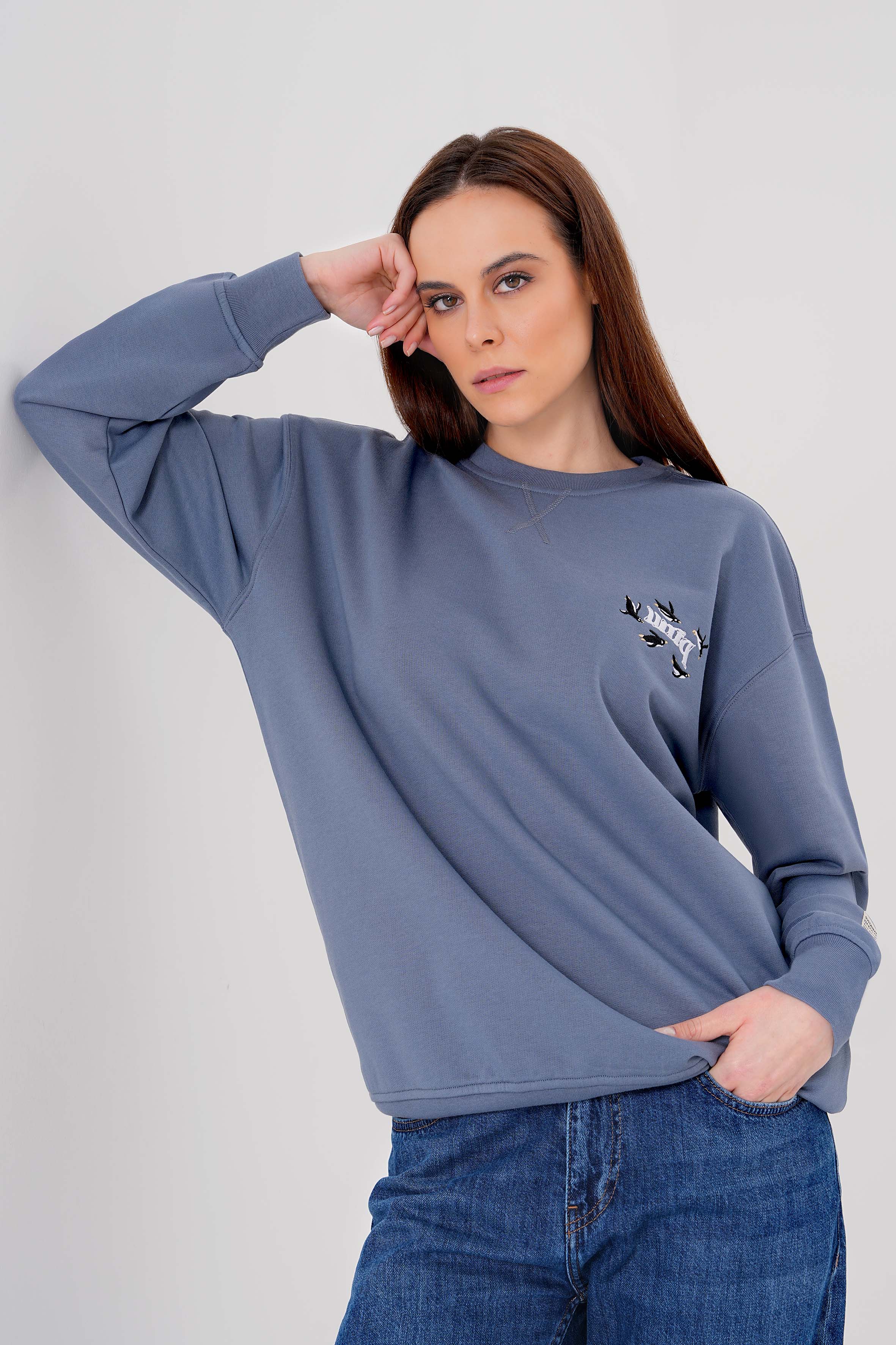 Penguen nakışlı organik pamuklu kadın sweatshirt ile kışın sıcacık geçsin! %100 organik pamuk kumaşıyla yumuşak, nefes alabilir ve çevre dostu bir seçim. Sürdürülebilir moda ile tarzını tamamla!