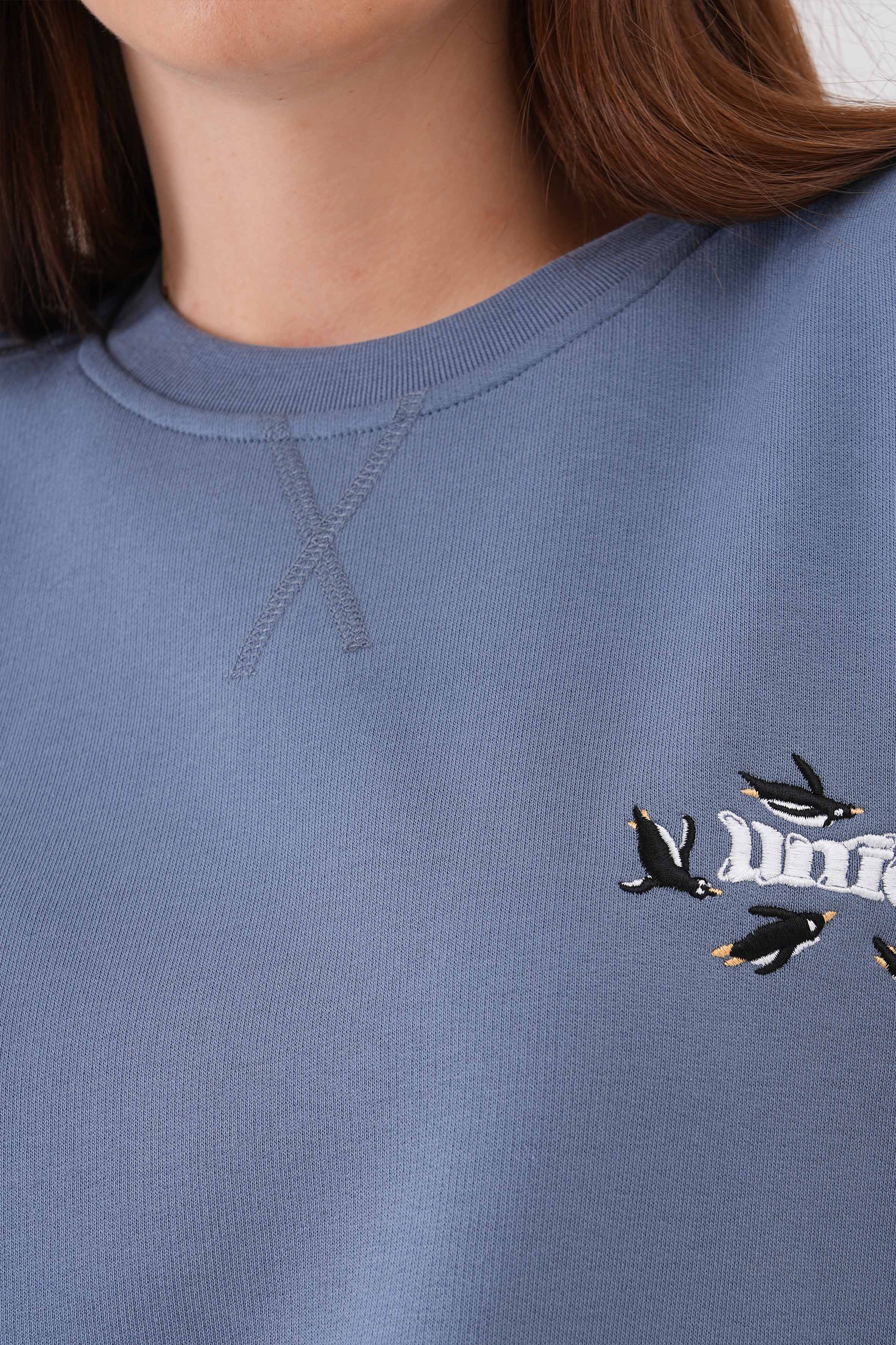 Penguen nakışlı organik pamuklu kadın sweatshirt ile kışın sıcacık geçsin! %100 organik pamuk kumaşıyla yumuşak, nefes alabilir ve çevre dostu bir seçim. Sürdürülebilir moda ile tarzını tamamla!