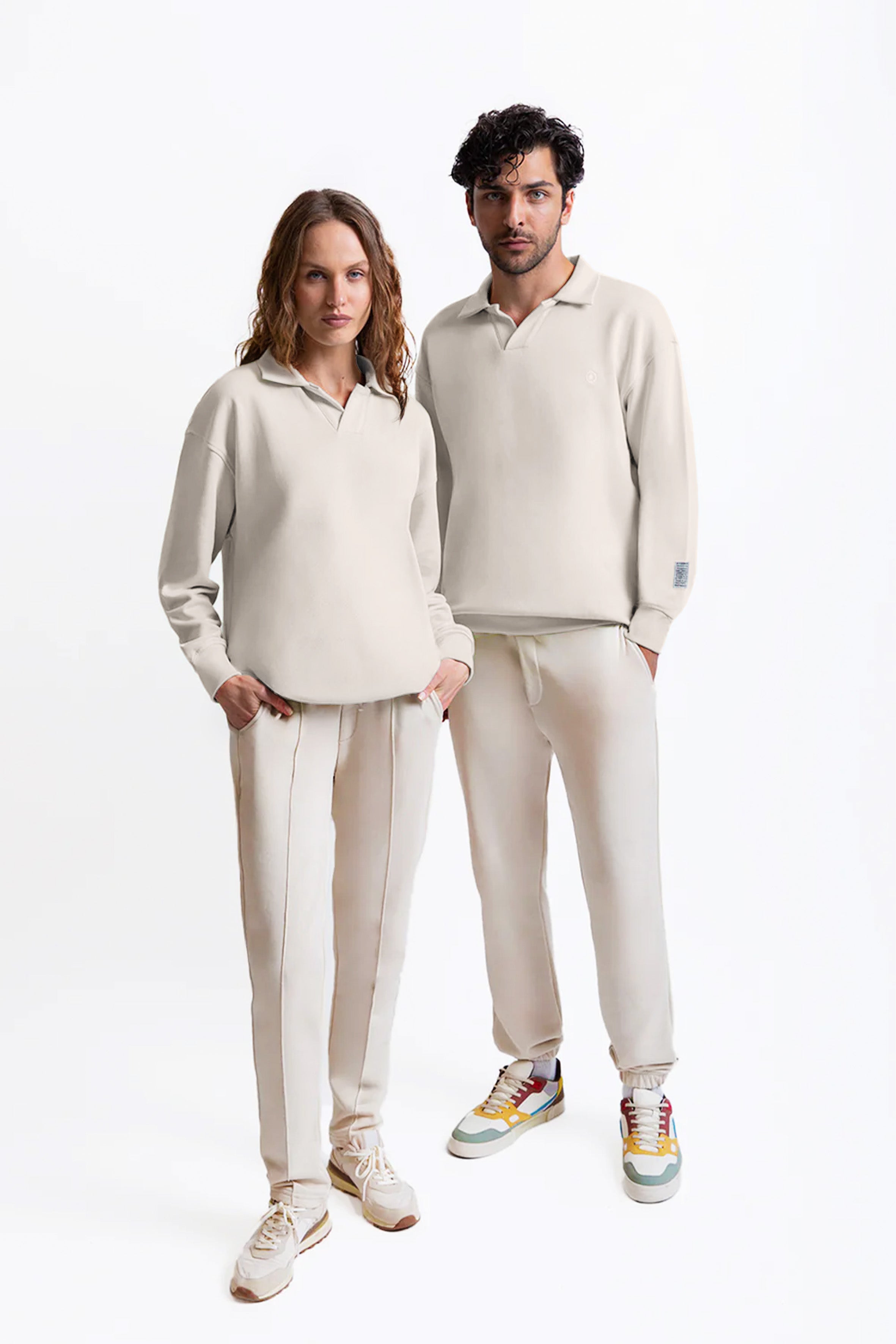 Krem pamuklu erkek polo yaka sweatshirt #Renk_Krem