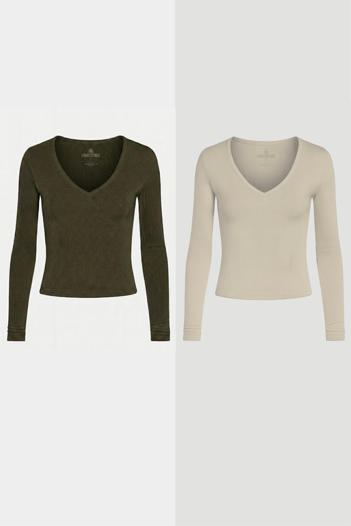 Organik Pamuklu Kadın V Yaka Fitilli 2’li Set – Haki & Bej