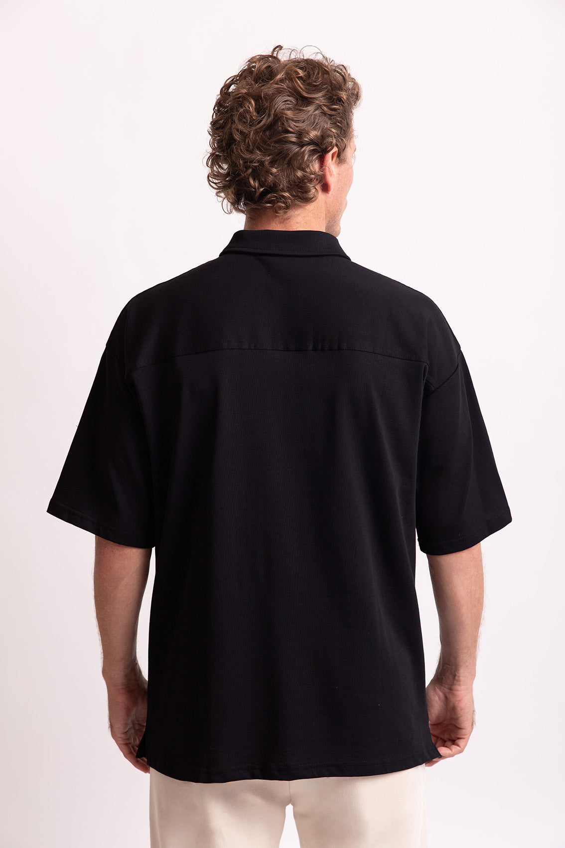 Siyah pamuklu erkek polo yaka oversize tişört #Renk_Siyah