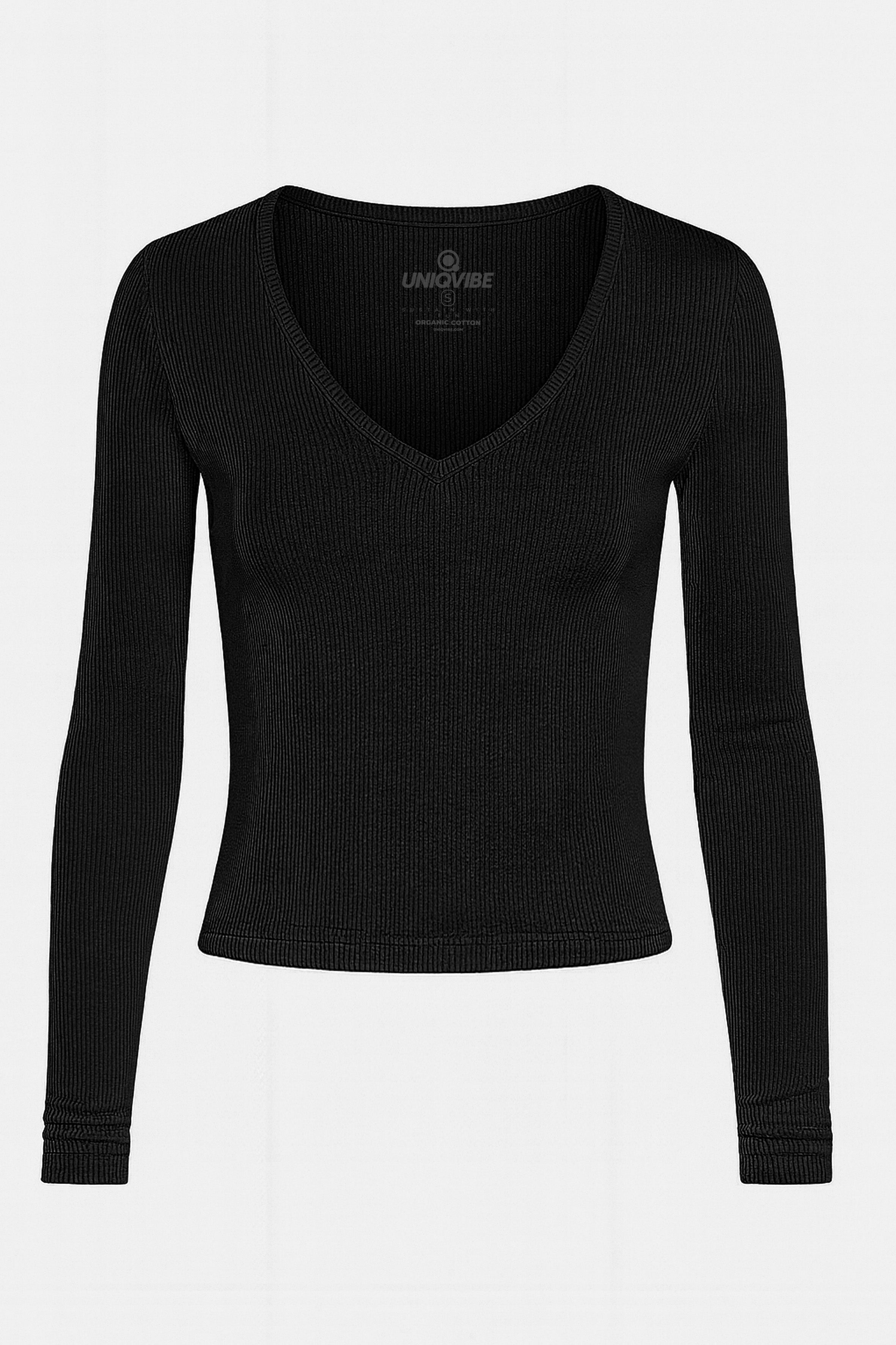 Organik pamuklu siyah fitilli uzun kollu bluz. Yumuşak dokulu kumaşı ve esnek fitilli formuyla vücuda uyum sağlar. V yaka detayıyla sade , modern bir görünüm sunar. Günlük stilin tamamlayıcısı olan bu parça, konforu ve şıklığı bir arada sunar.