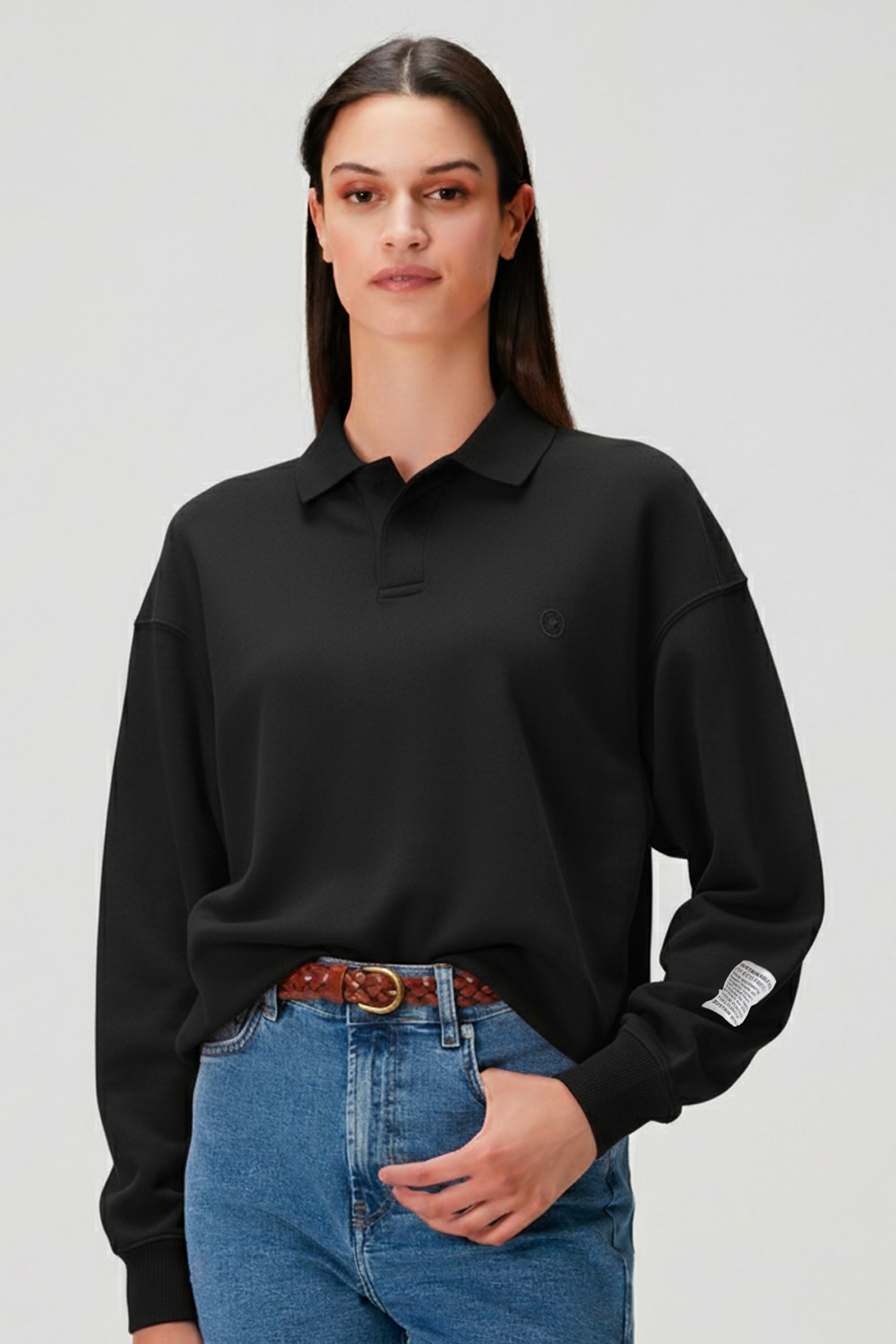 %100 organik pamuk kadın siyah renk polo yaka sweatshirt #Renk_Siyah