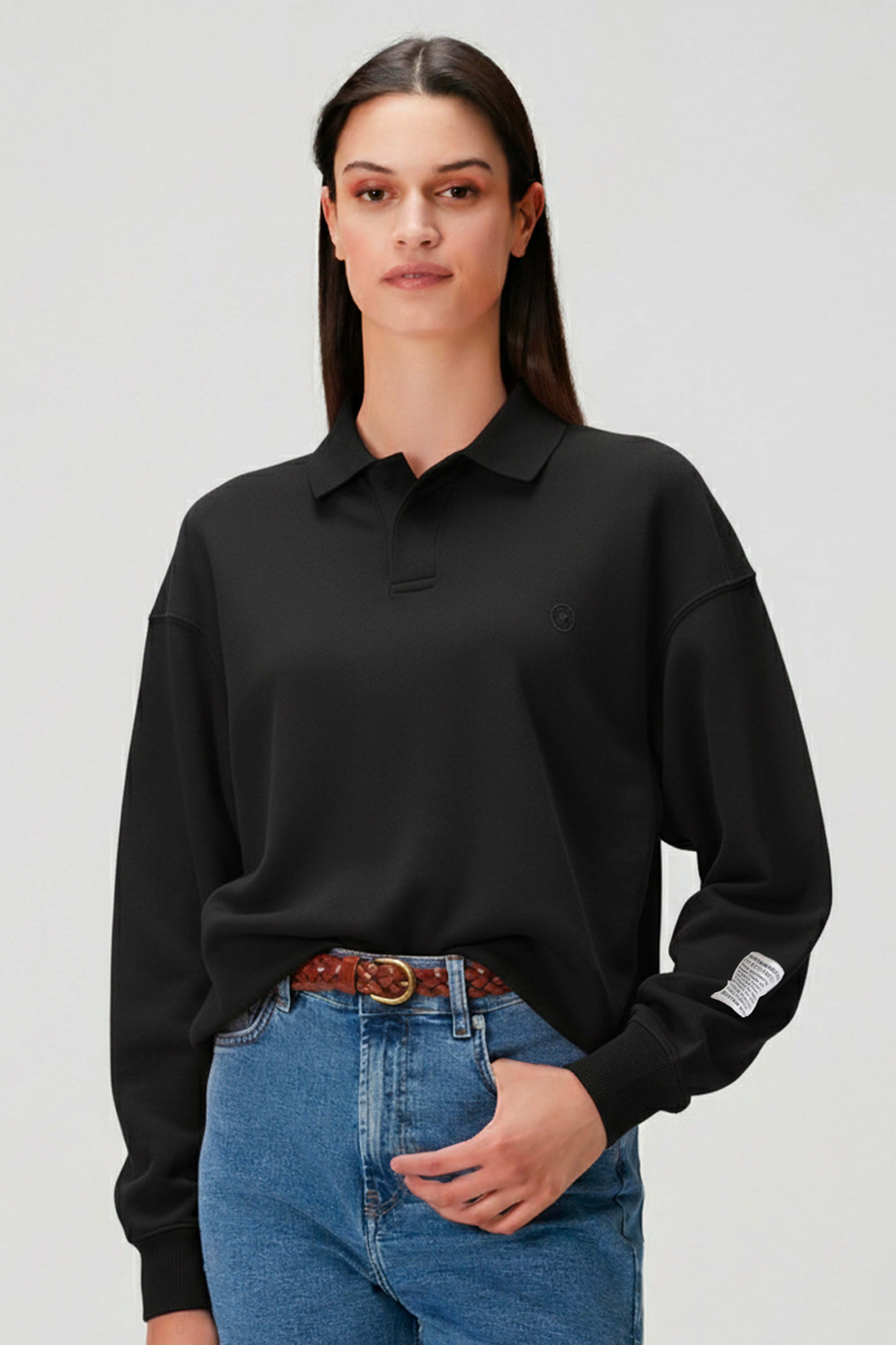 %100 organik pamuk kadın siyah renk polo yaka sweatshirt #Renk_Siyah