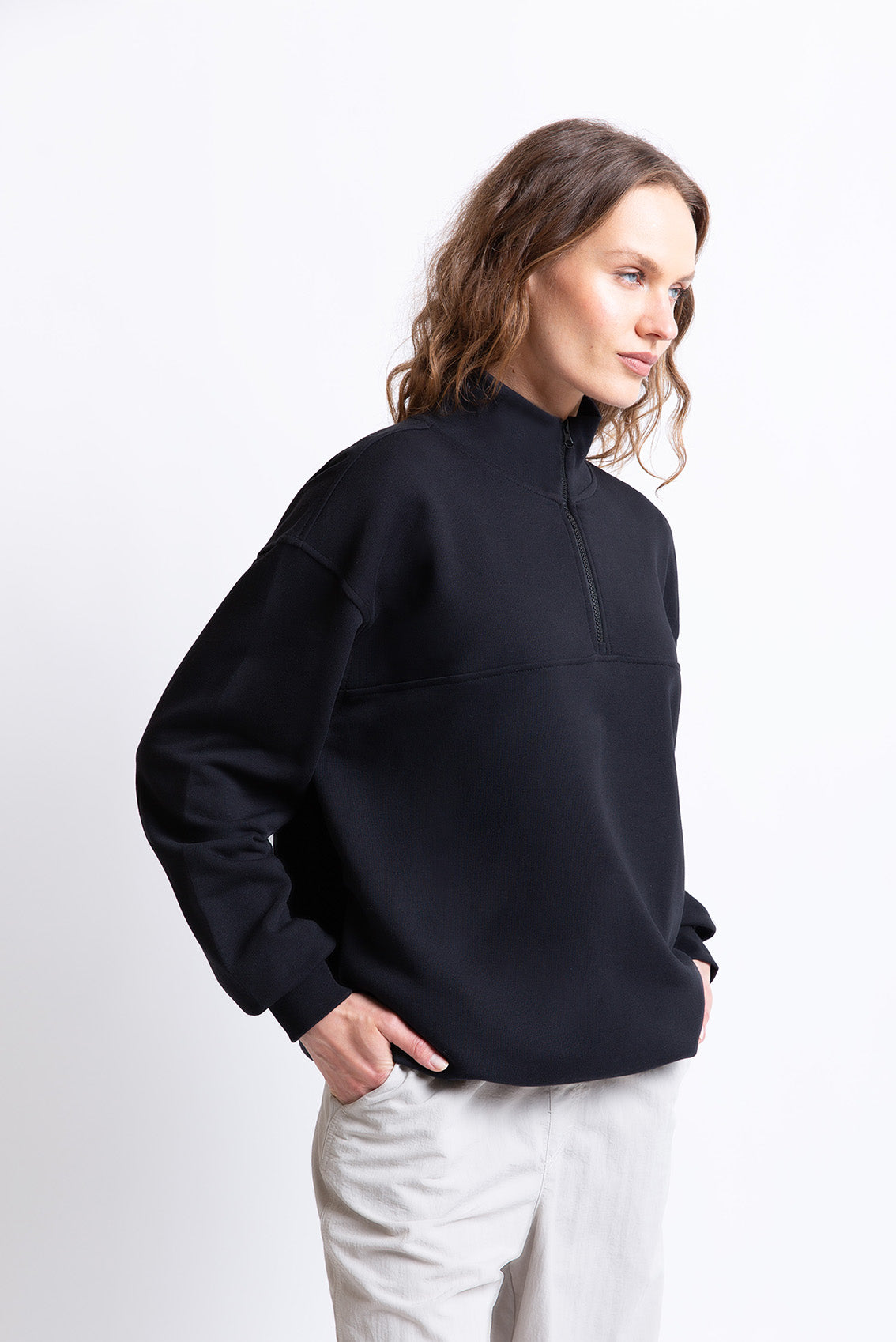 Siyah pamuklu kadın fermuarlı sweatshirt #Renk_Siyah