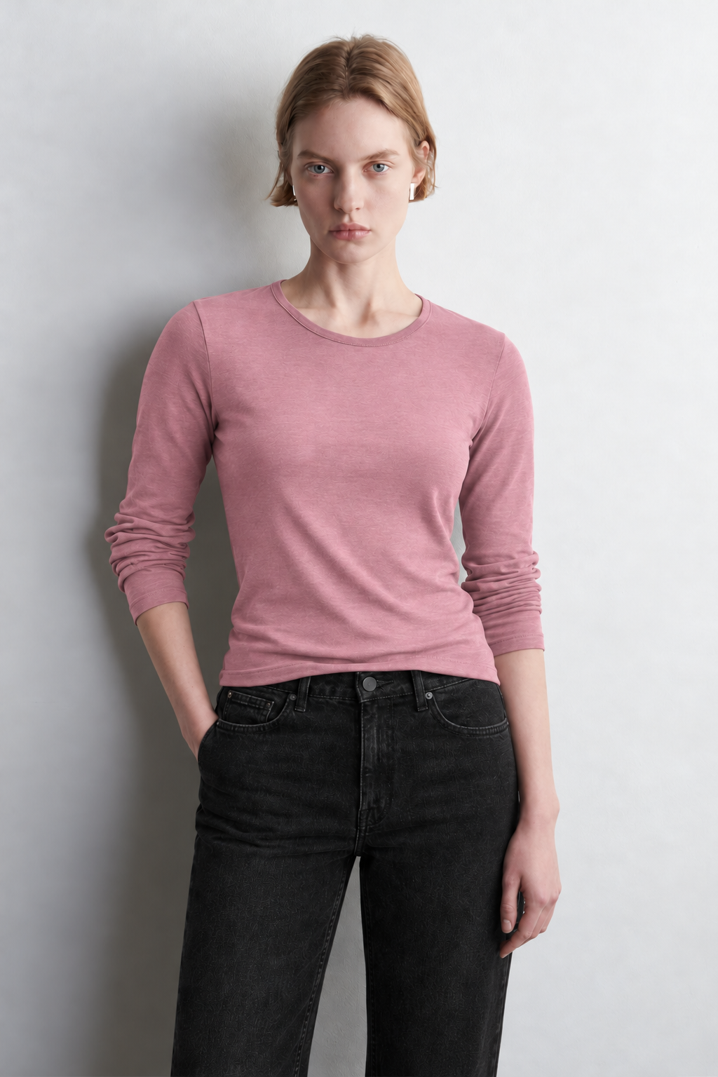Tencel Bisiklet Yaka Pembe Uzun Kollu Bluz