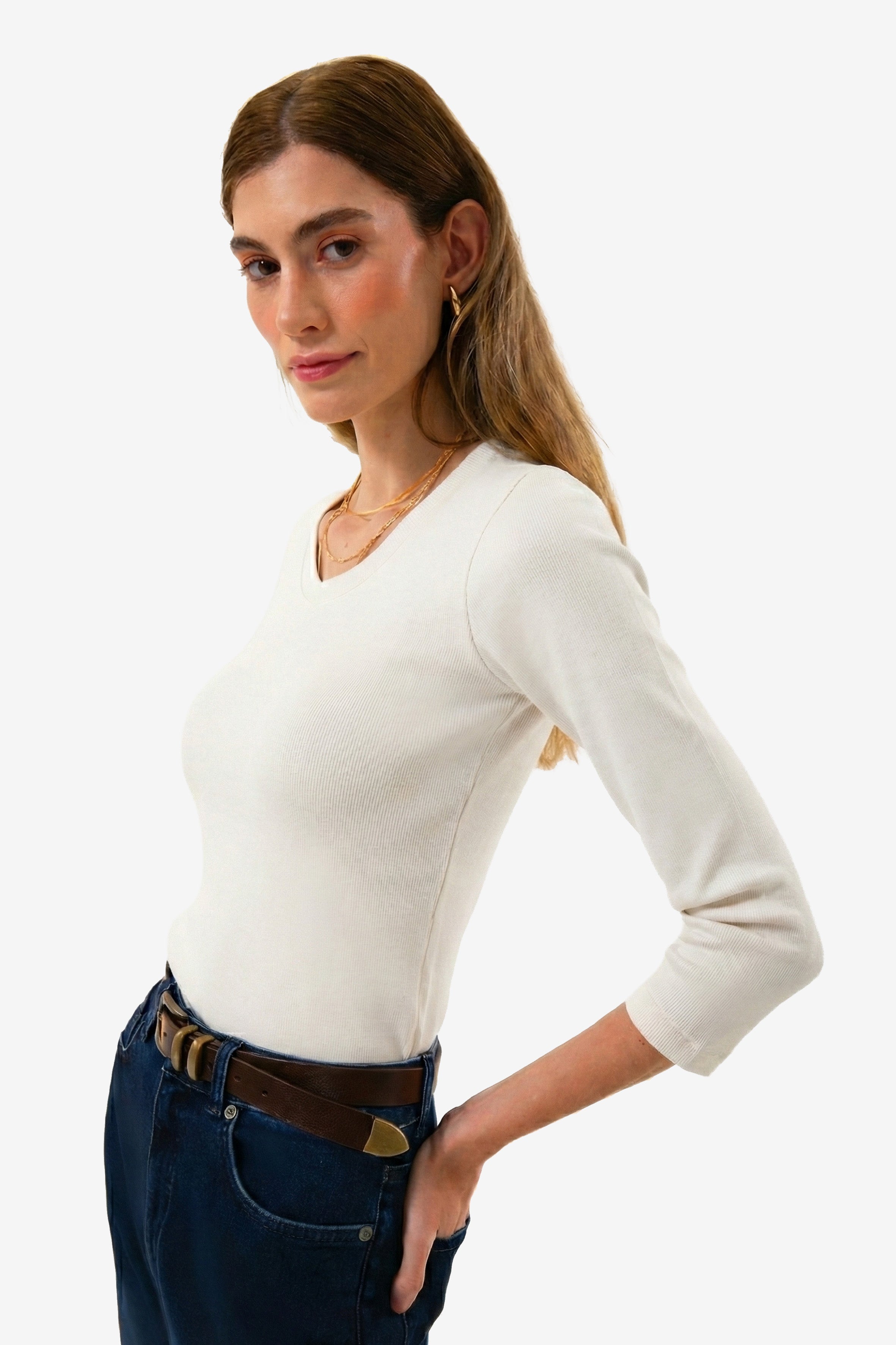 Organik Pamuklu Kırık Beyaz Fitilli Kadın Uzun Kollu V Yaka Bluz