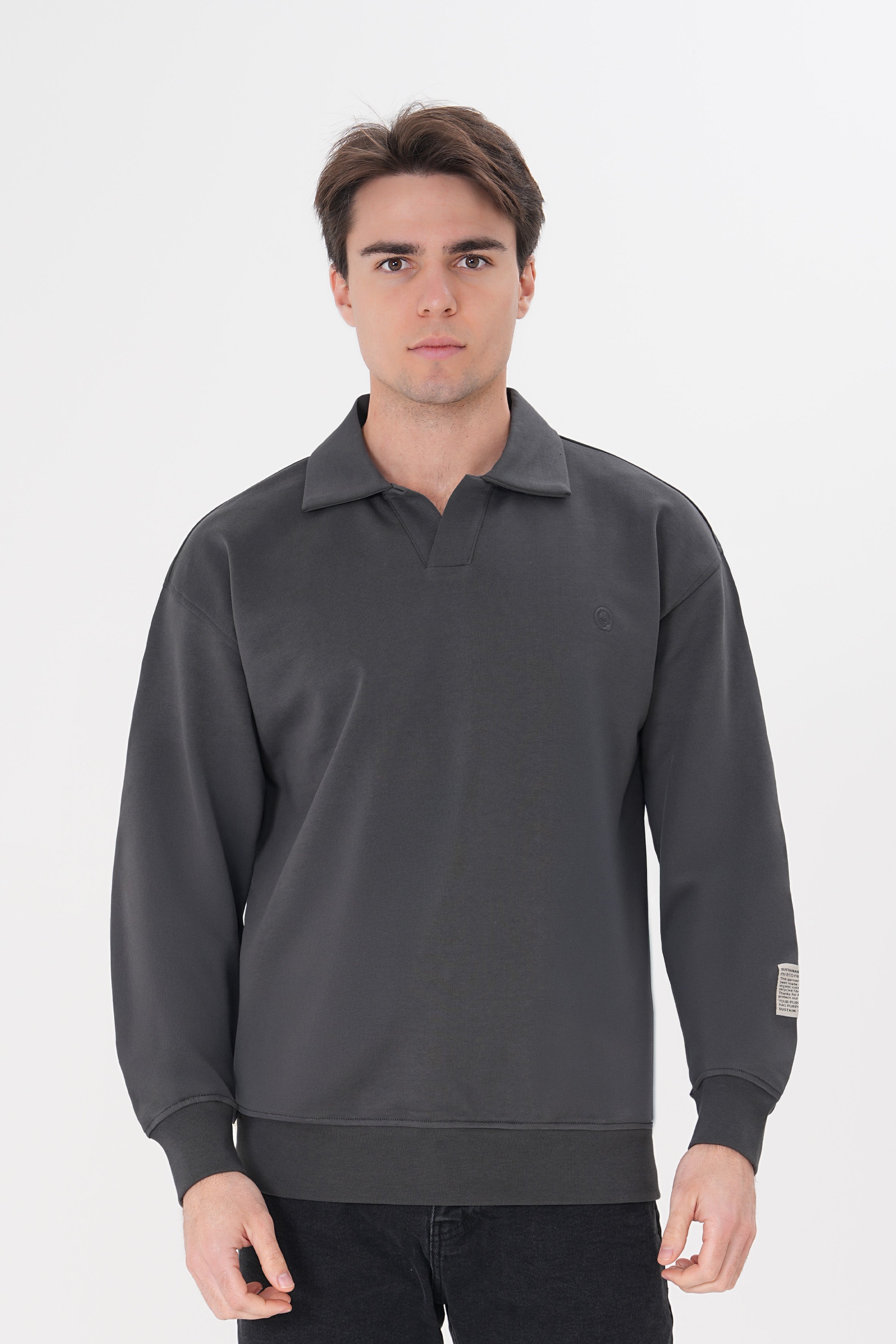 Antrasit pamuklu erkek polo yaka sweatshirt #Renk_Antrasit