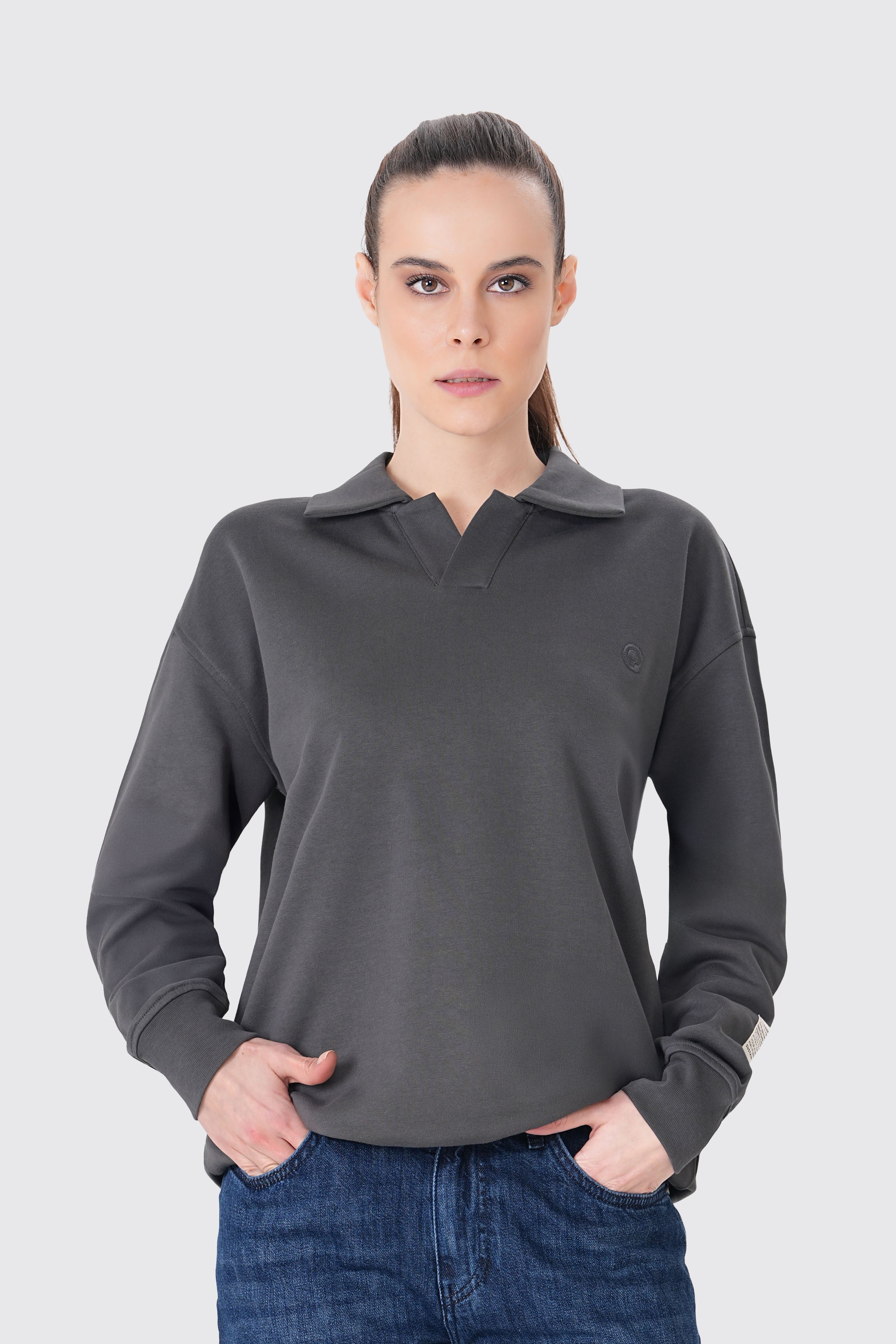 Antrasit pamuklu kadın polo yaka sweatshirt #Renk_Antrasit