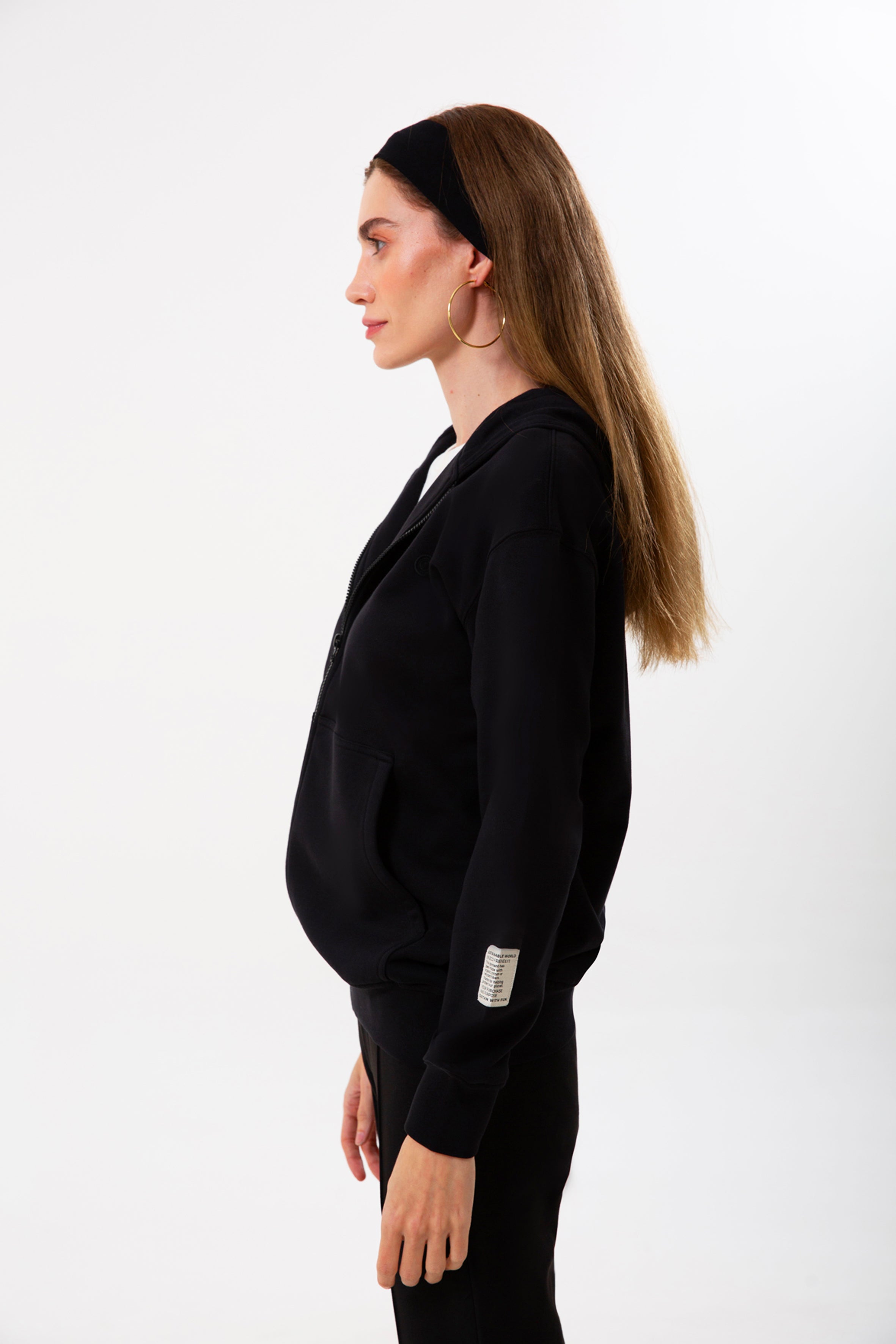 Siyah organik  pamuklu kadın fermuarlı sweatshirt #Renk_Siyah