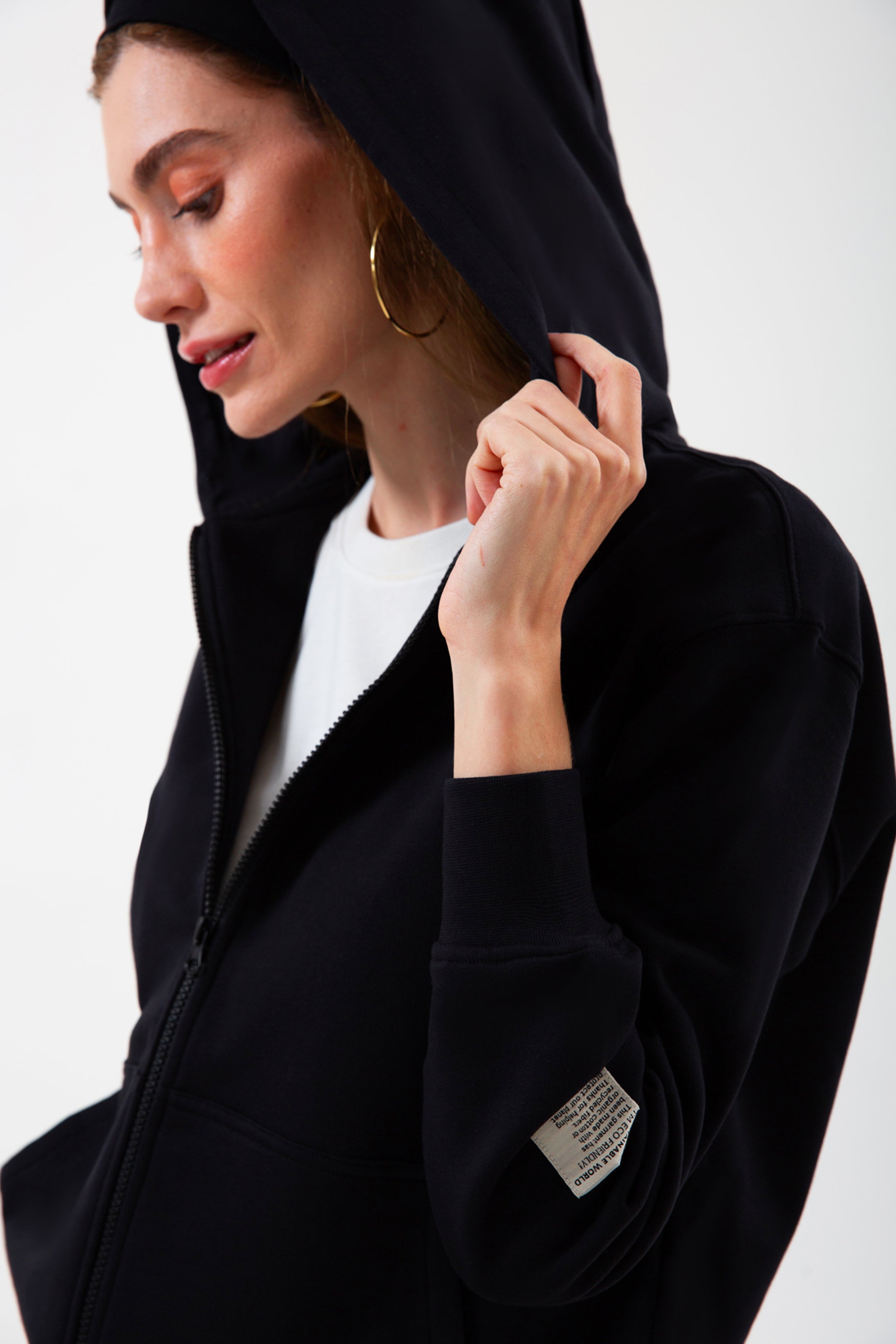 Siyah organik  pamuklu kadın fermuarlı sweatshirt #Renk_Siyah