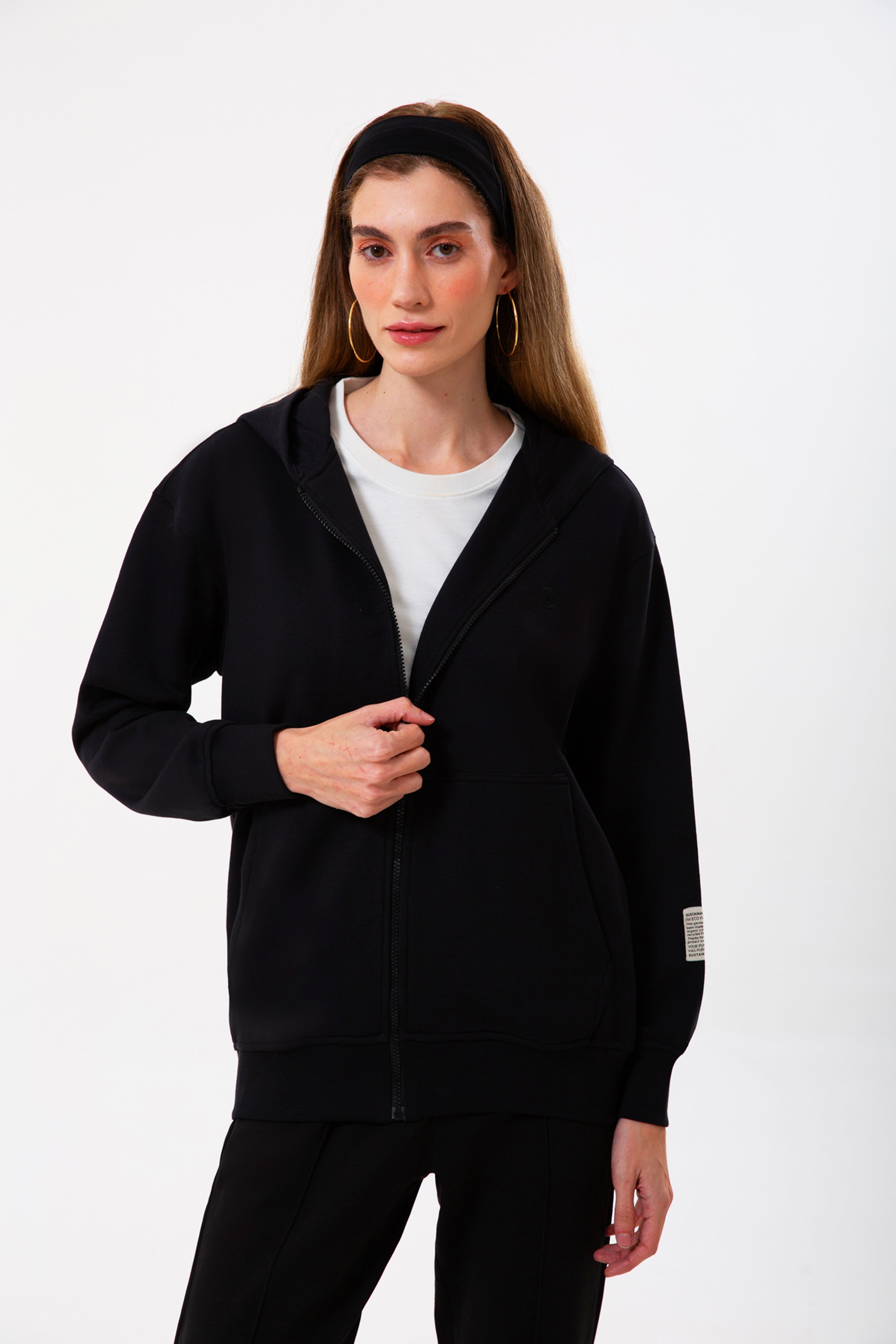 Siyah organik  pamuklu kadın fermuarlı sweatshirt #Renk_Siyah