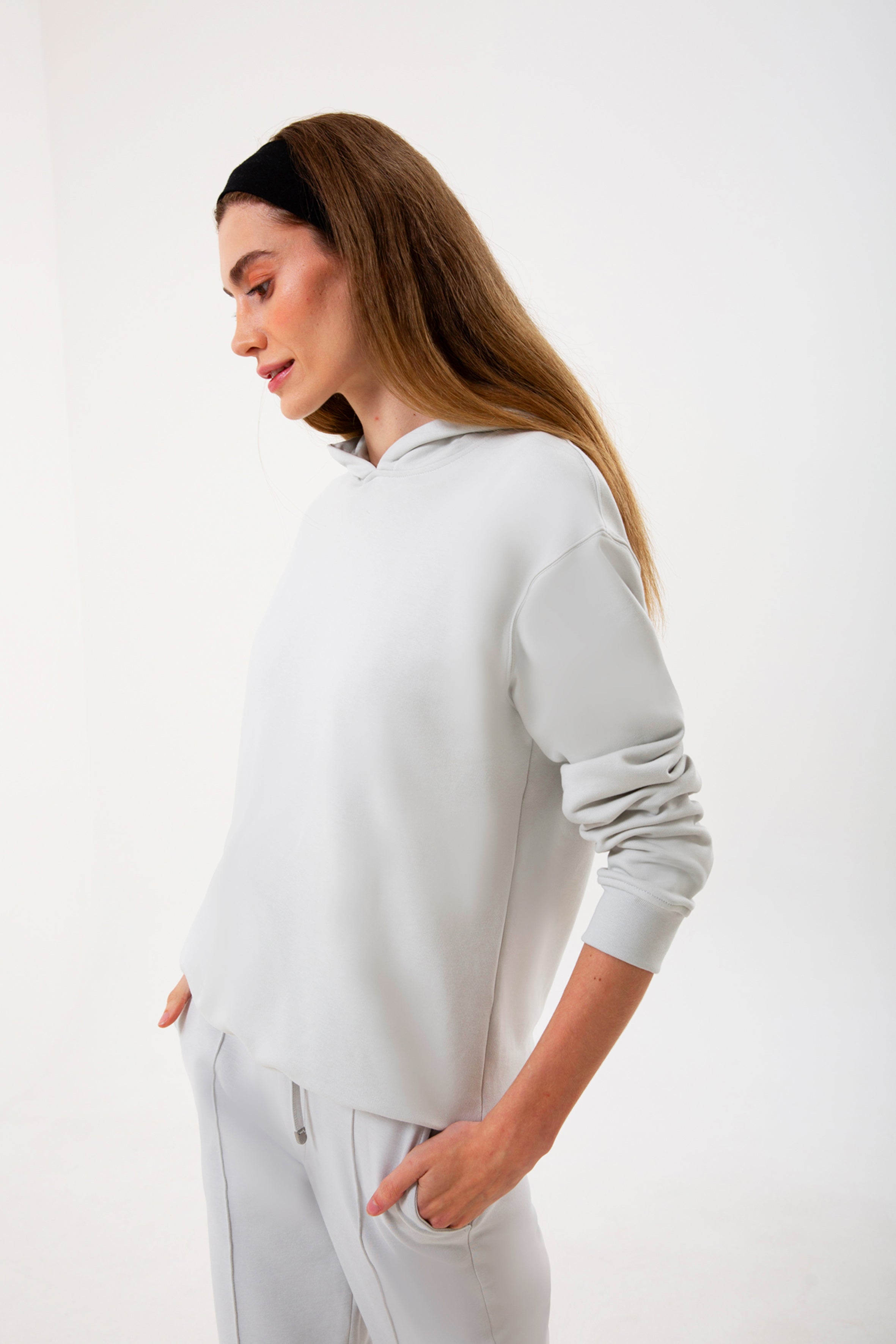 Taş pamuklu kadın kapüşonlu hoodie #Renk_Taş