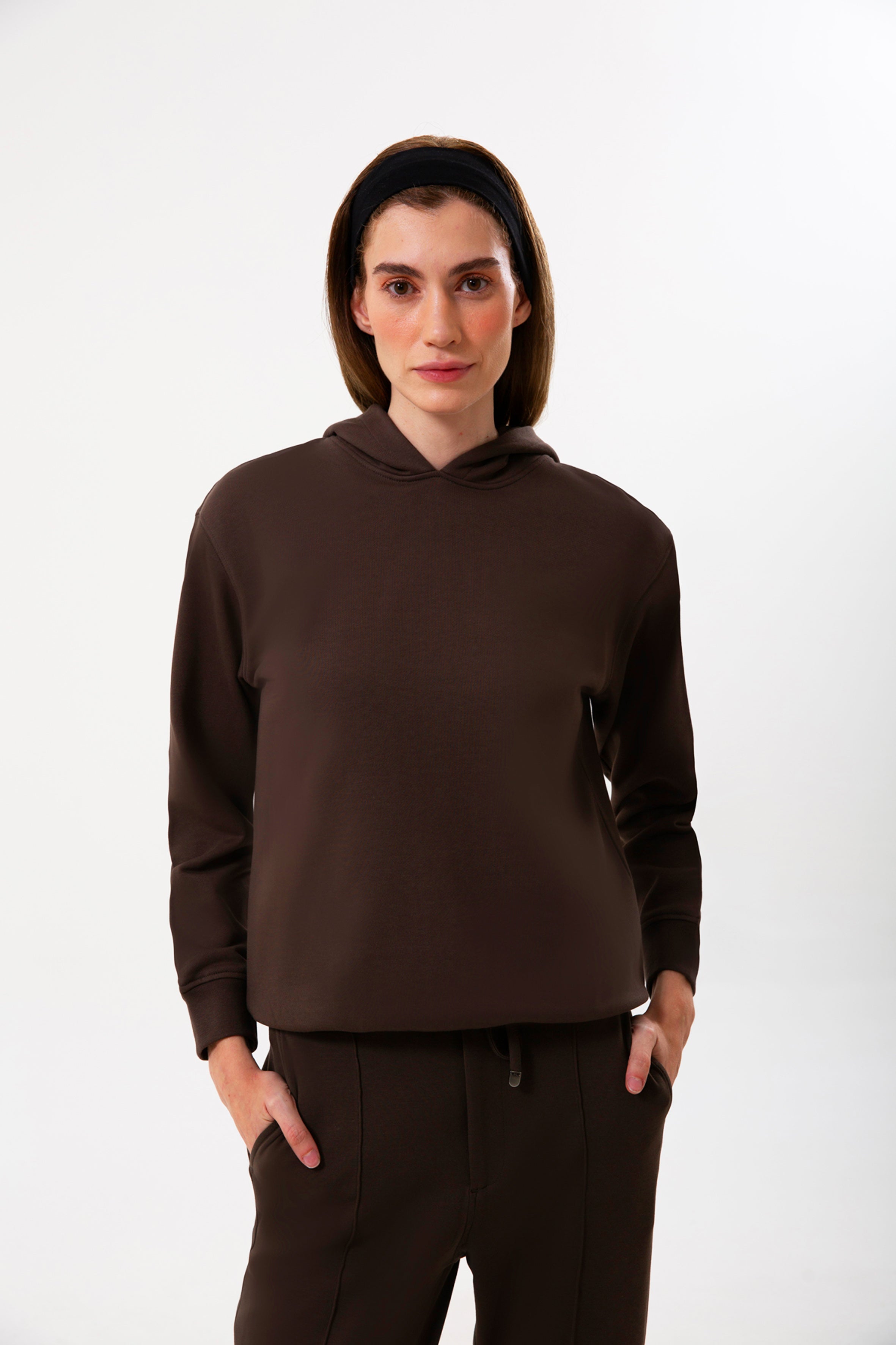 Kahverengi pamuklu kadın kapüşonlu hoodie #Renk_Kahverengi