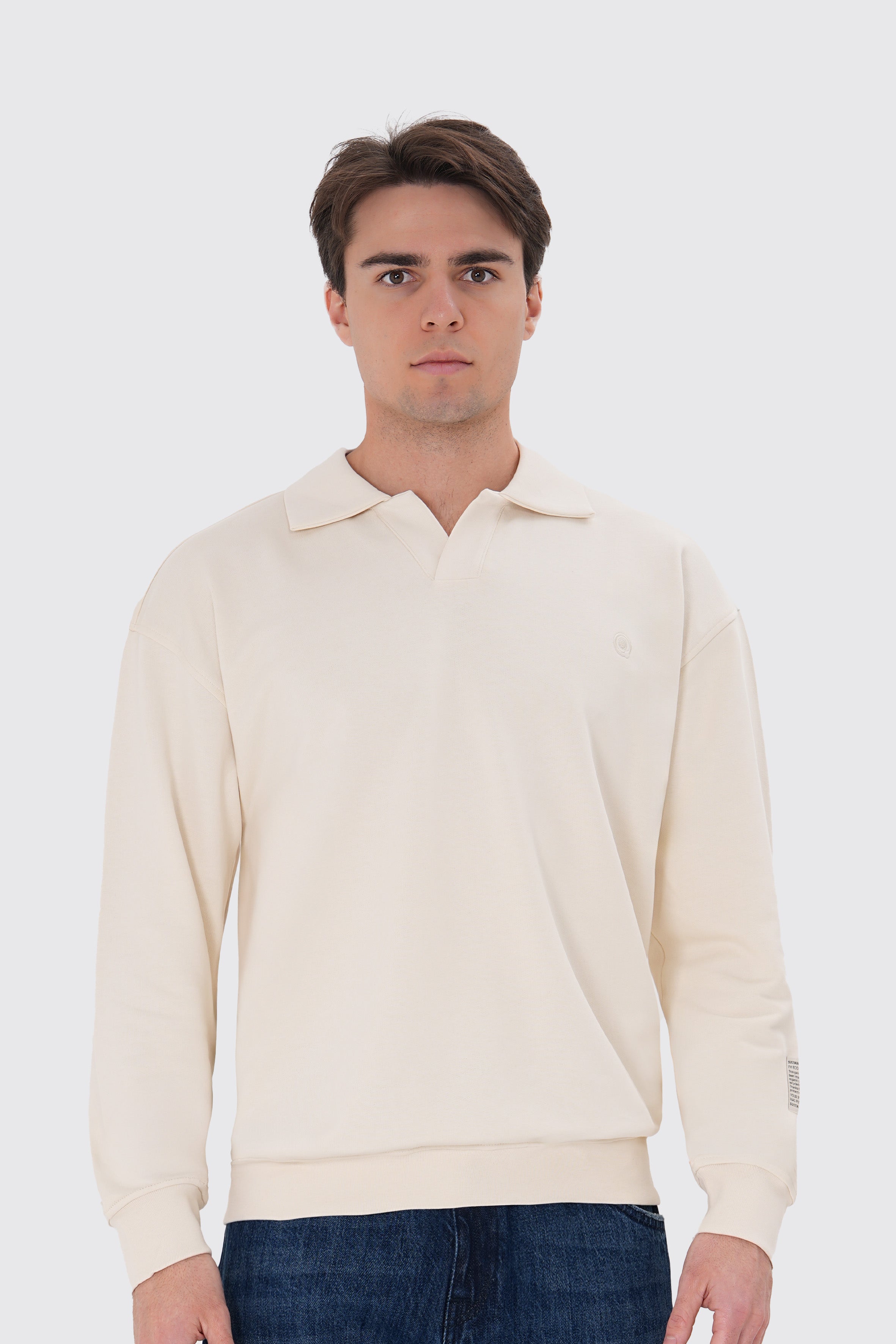 Krem %100 organik pamuklu erkek polo yaka sweatshirt #Renk_Krem