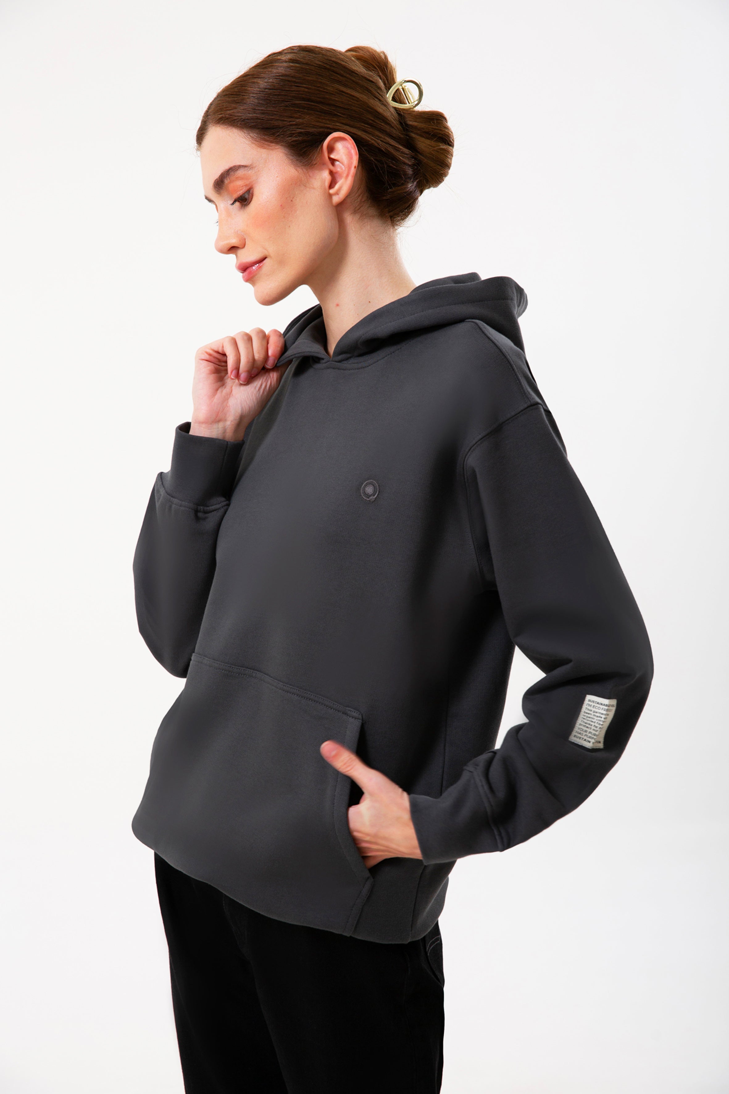 Antrasit  pamuklu kadın kapüşonlu hoodie #Renk_Antrasit